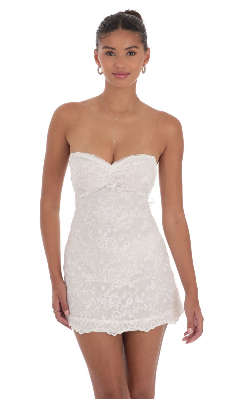Embroidered Floral Strapless Dress in White