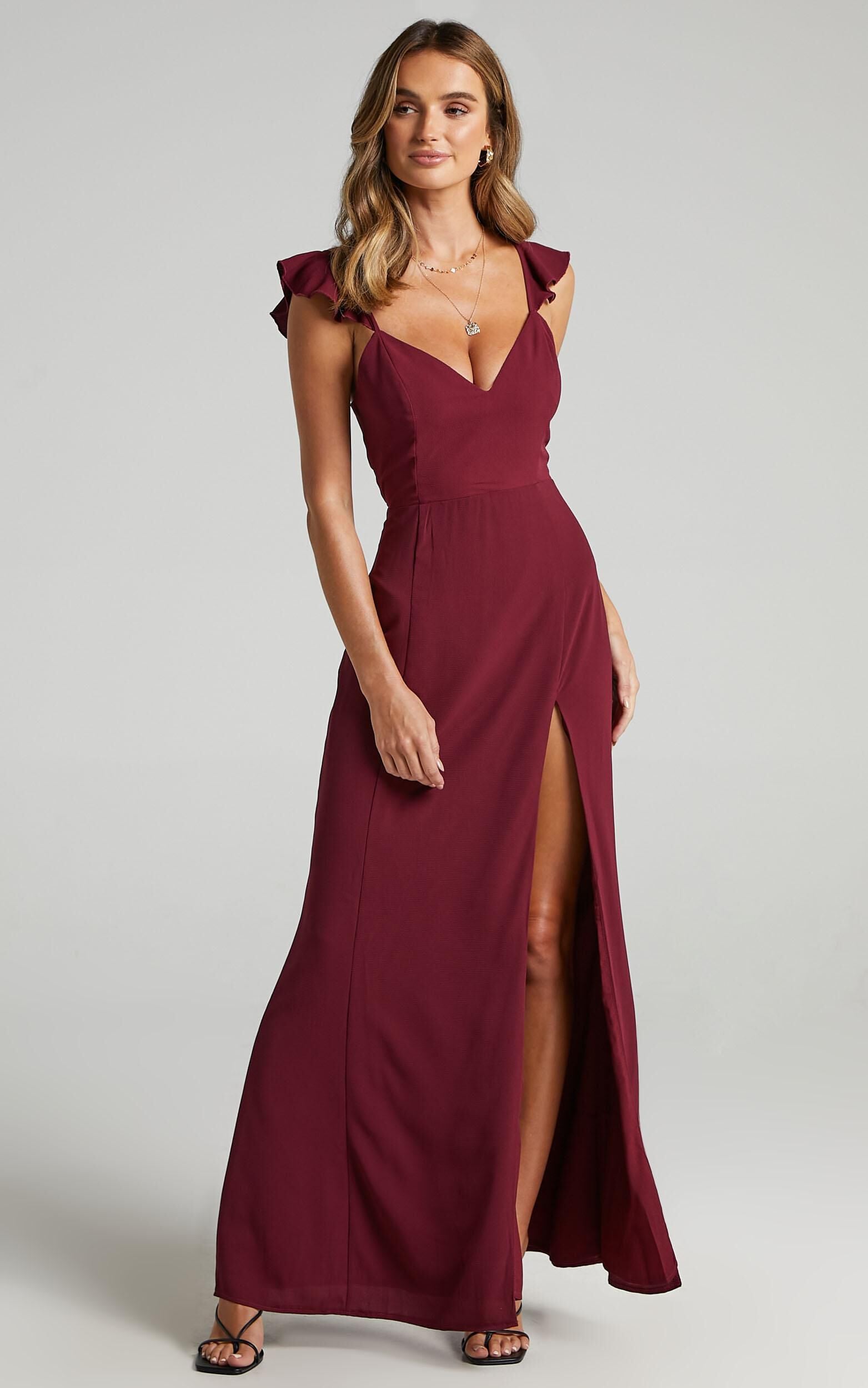 More Than This Maxi Dress - Ruffle Strap Thigh Split Dress in Wine