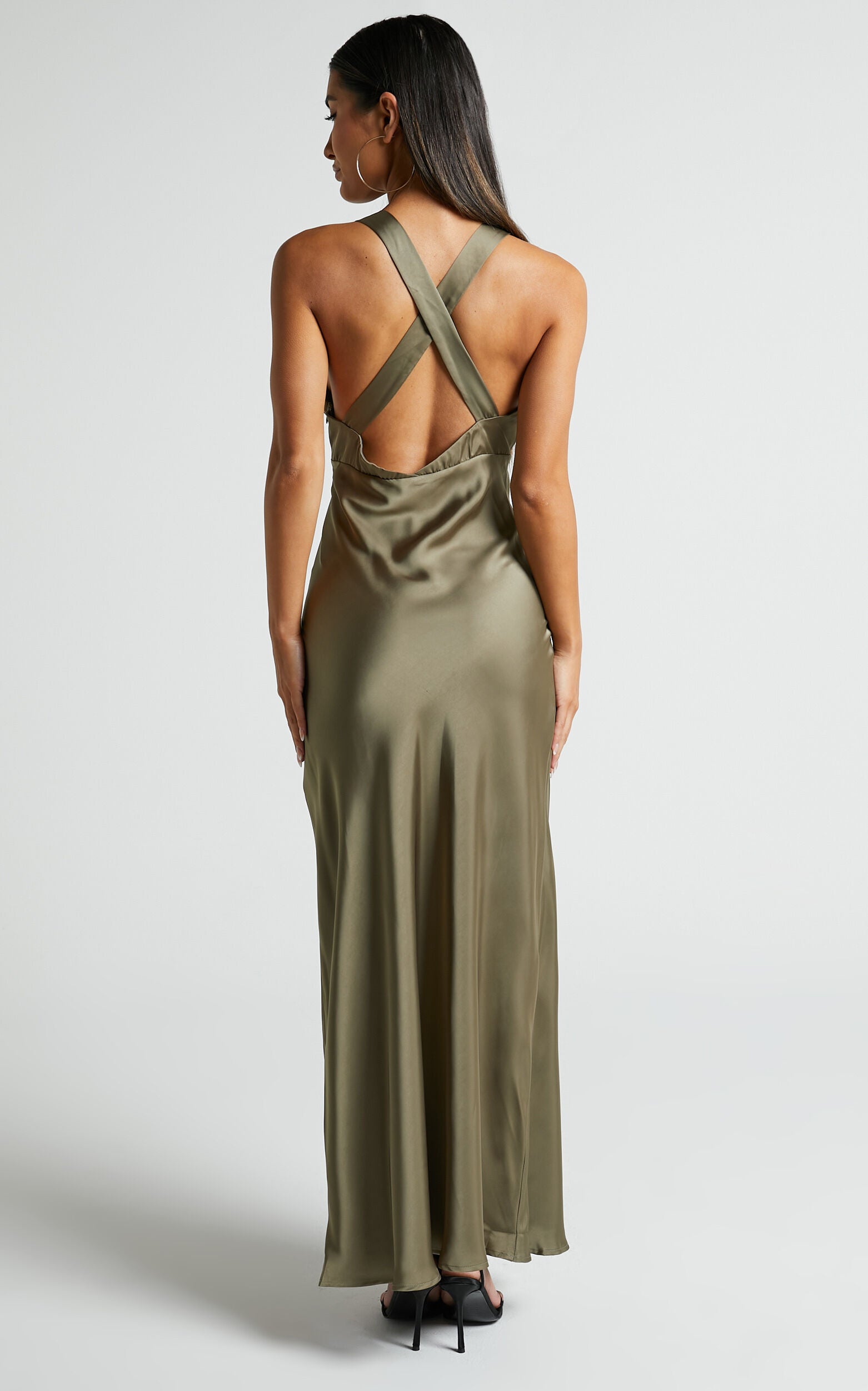Khalani Midi Dress - Deep V Neck Satin Slip Dress in Dark Olive