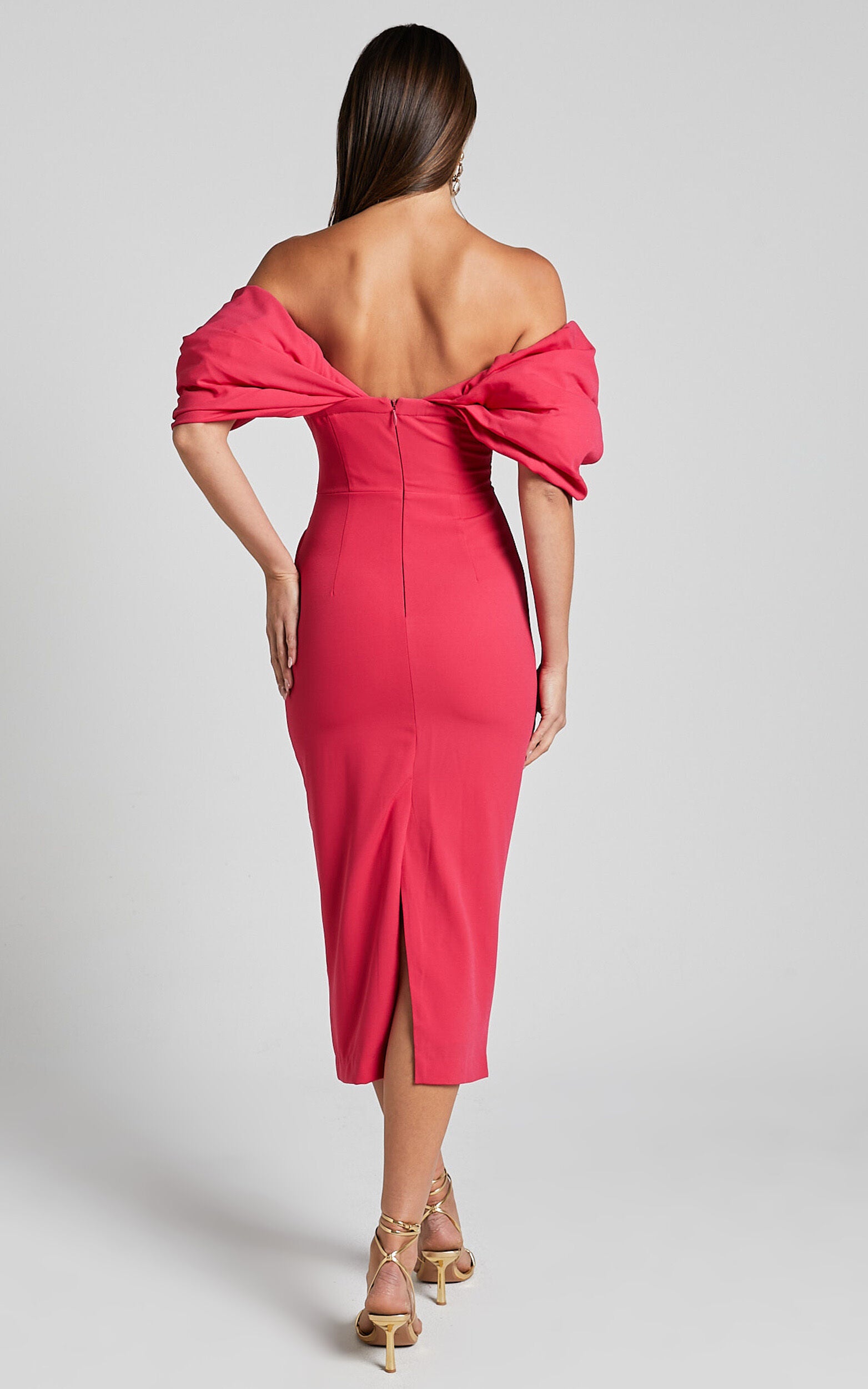 Lohan Midi Dress - Off Shoulder Puff Sleeve in Berry