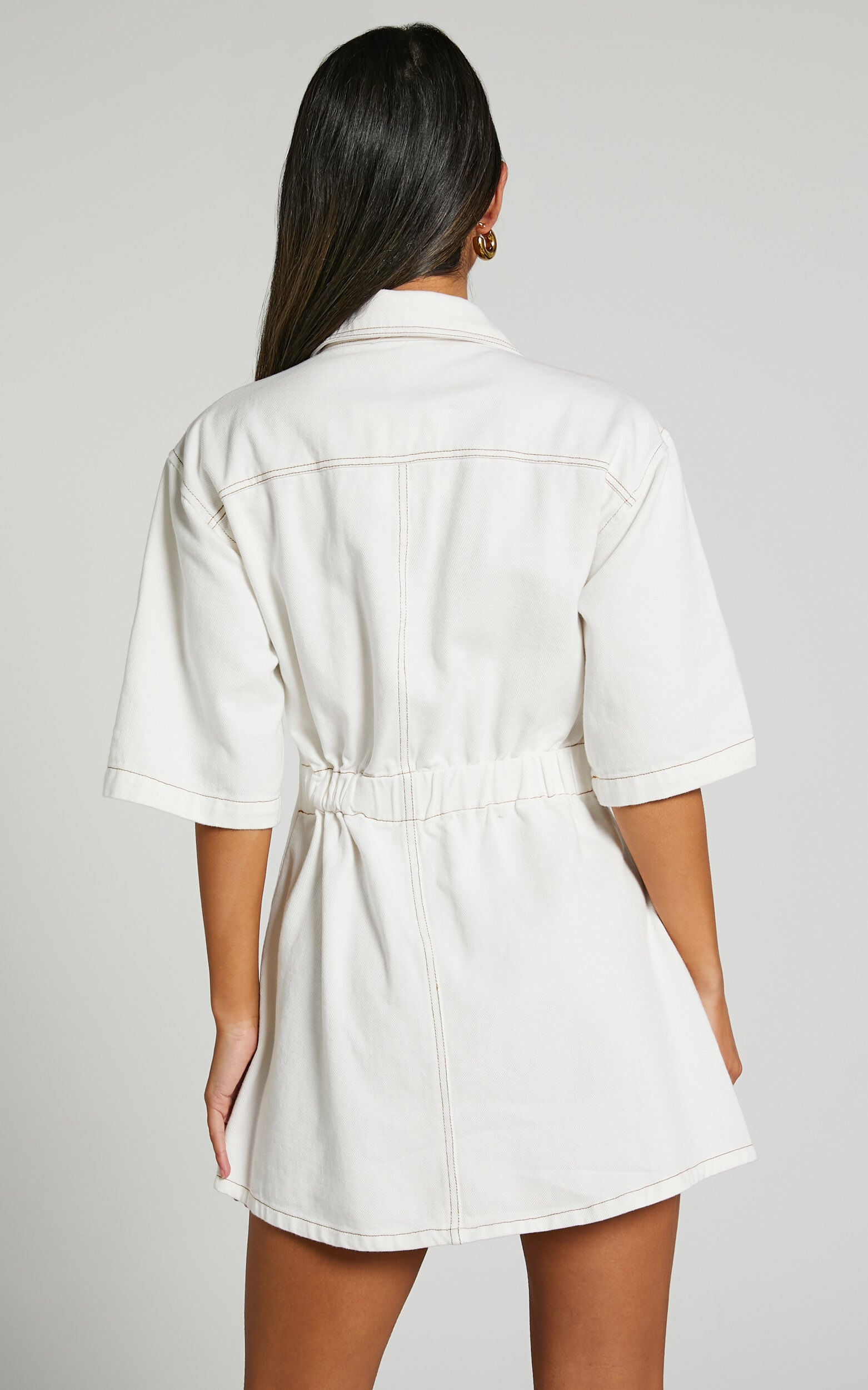 Leilani Mini Dress - Denim Short Sleeve Button Up Dress in ECRU