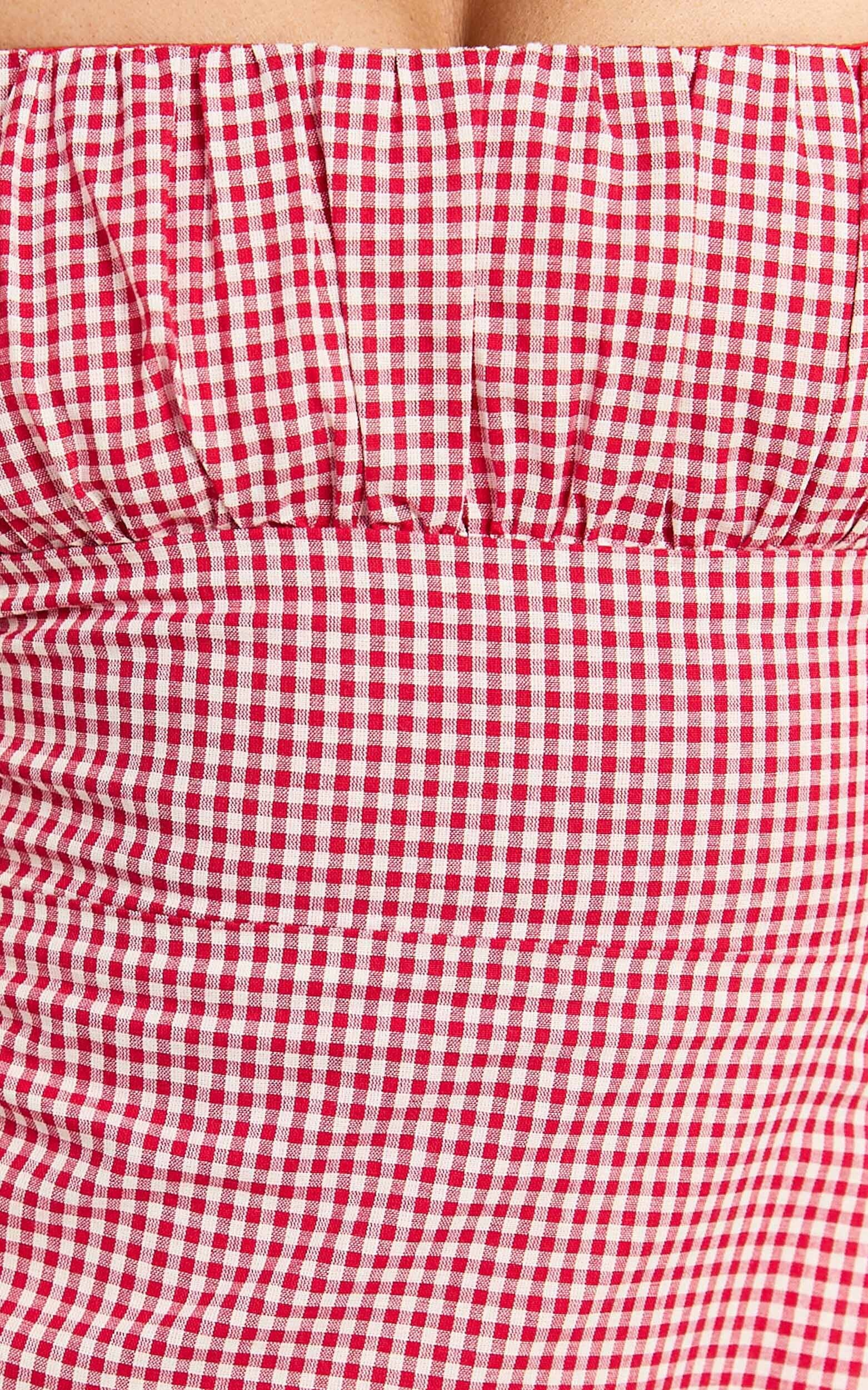 Ginny Mini Dress - Square Neck Ruched Bodice Puff Sleeve Straight Dress in Red Gingham