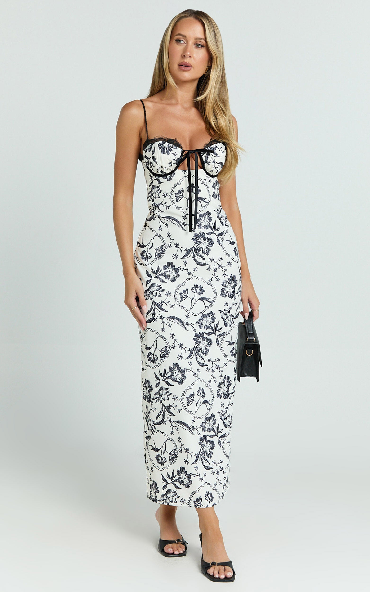 Helen Midi Dress - Strappy Balconette Tie Front Column Dress in Renaissance Floral Print