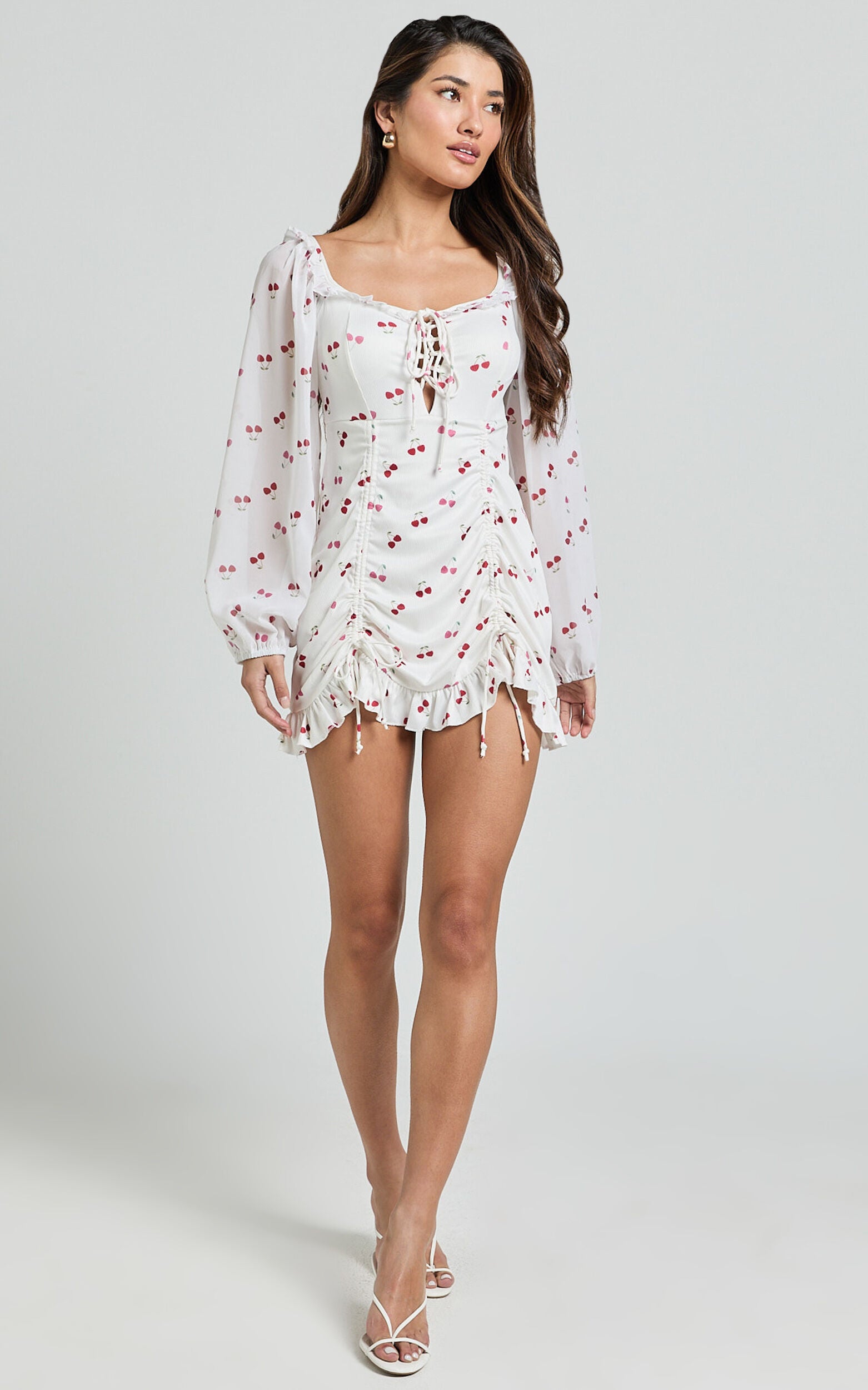 Francia Mini Dress - Long Sleeve Gathered Frill Hem Detail Dress in Cherry Print