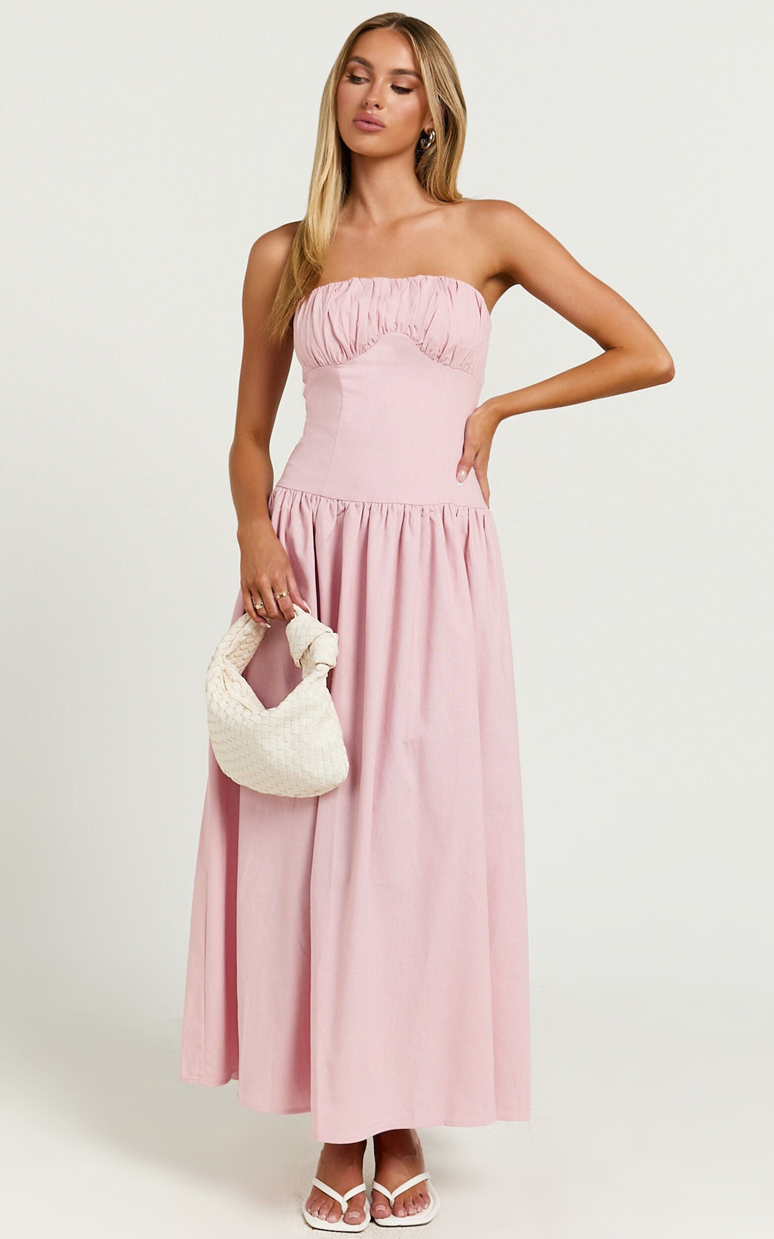 Jerah Midi Dress - Ruched Bust Full Skirt Dress in Pink