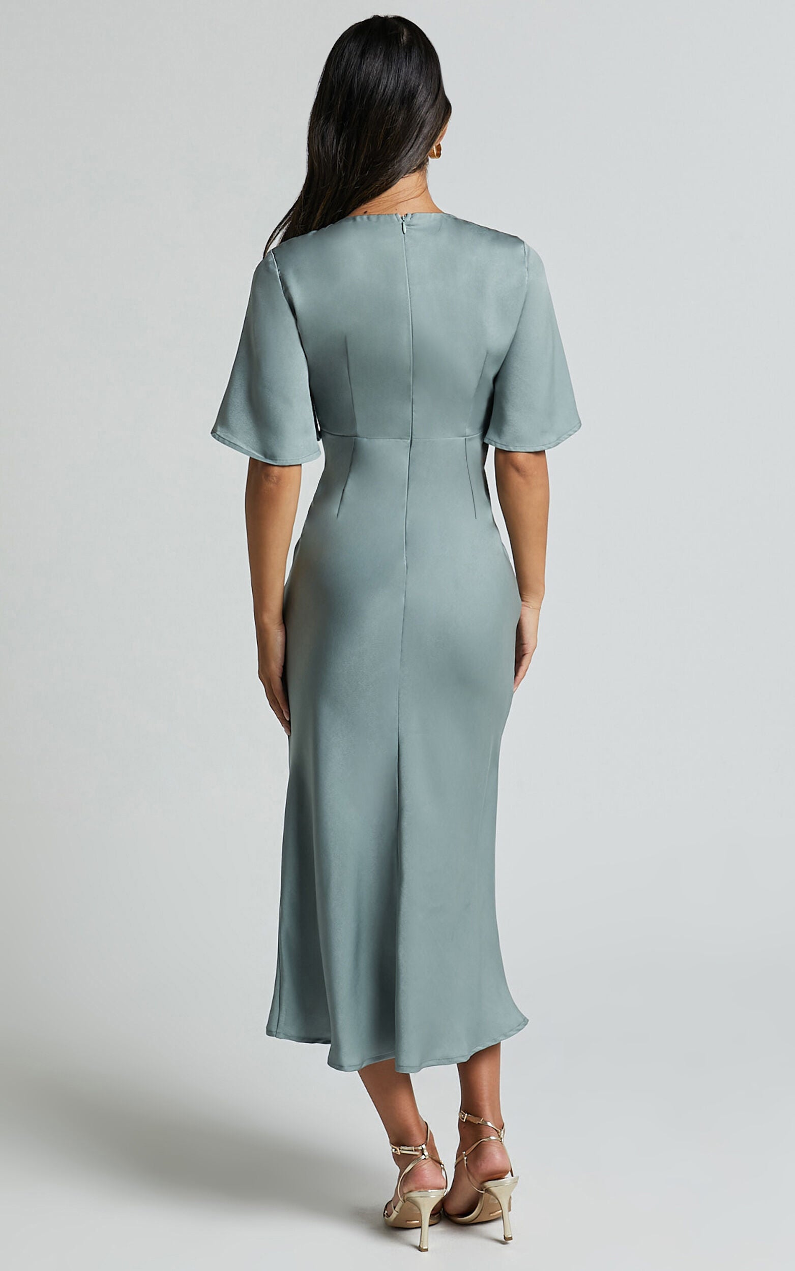 Nicholla Midi Dress - Ruched Front Angel Sleeve Slip Dress in Sage