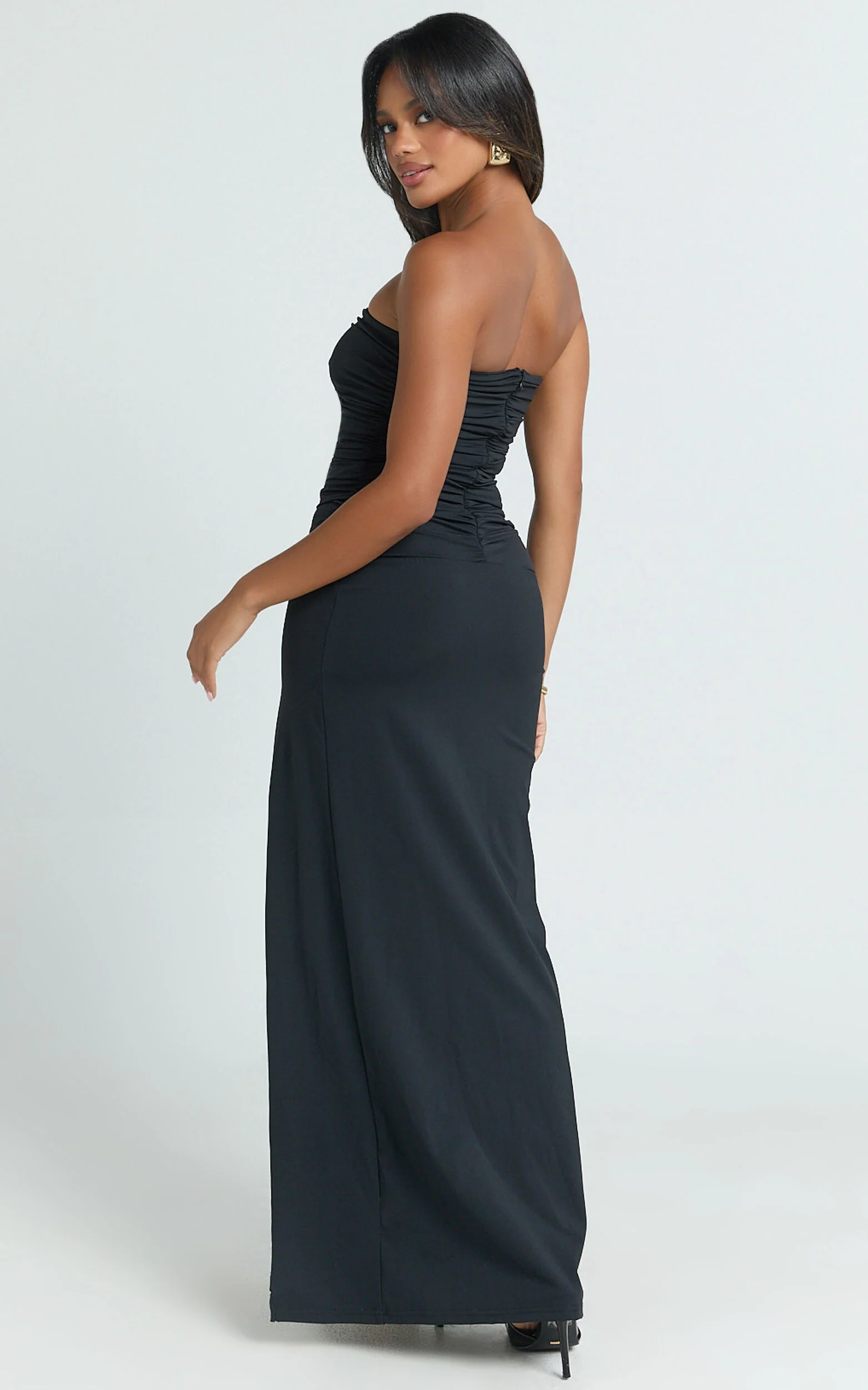 Edeline Maxi Dress - Strapless Sweetheart Ruched Bodycon Dress in Black