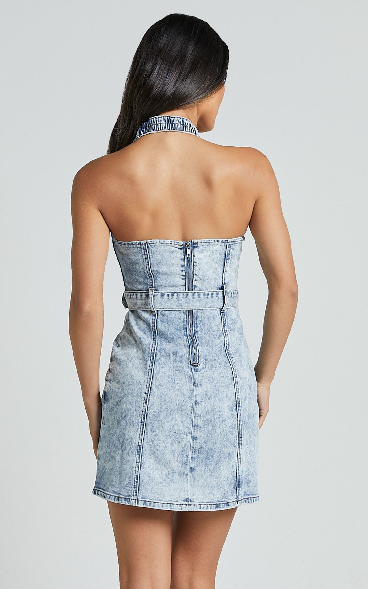 Izolda Mini Dress - Halter Neck Belted Bodycon Denim Dress in Light Blue Acid Wash