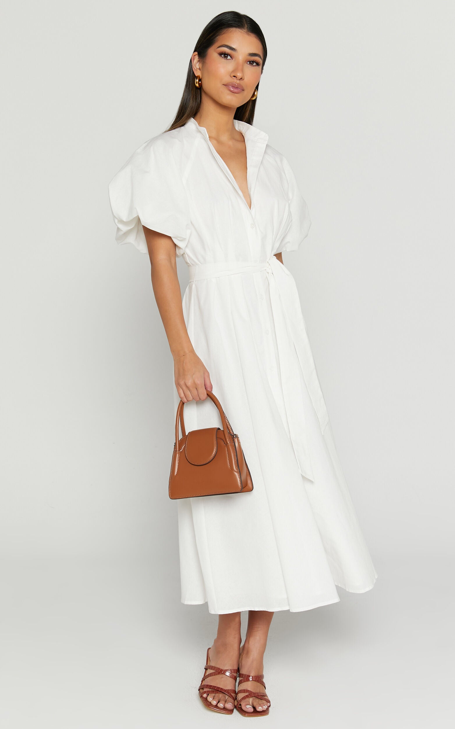 Sabrina Midi Dress - Linen Raglan Sleeve Belted Dress in White