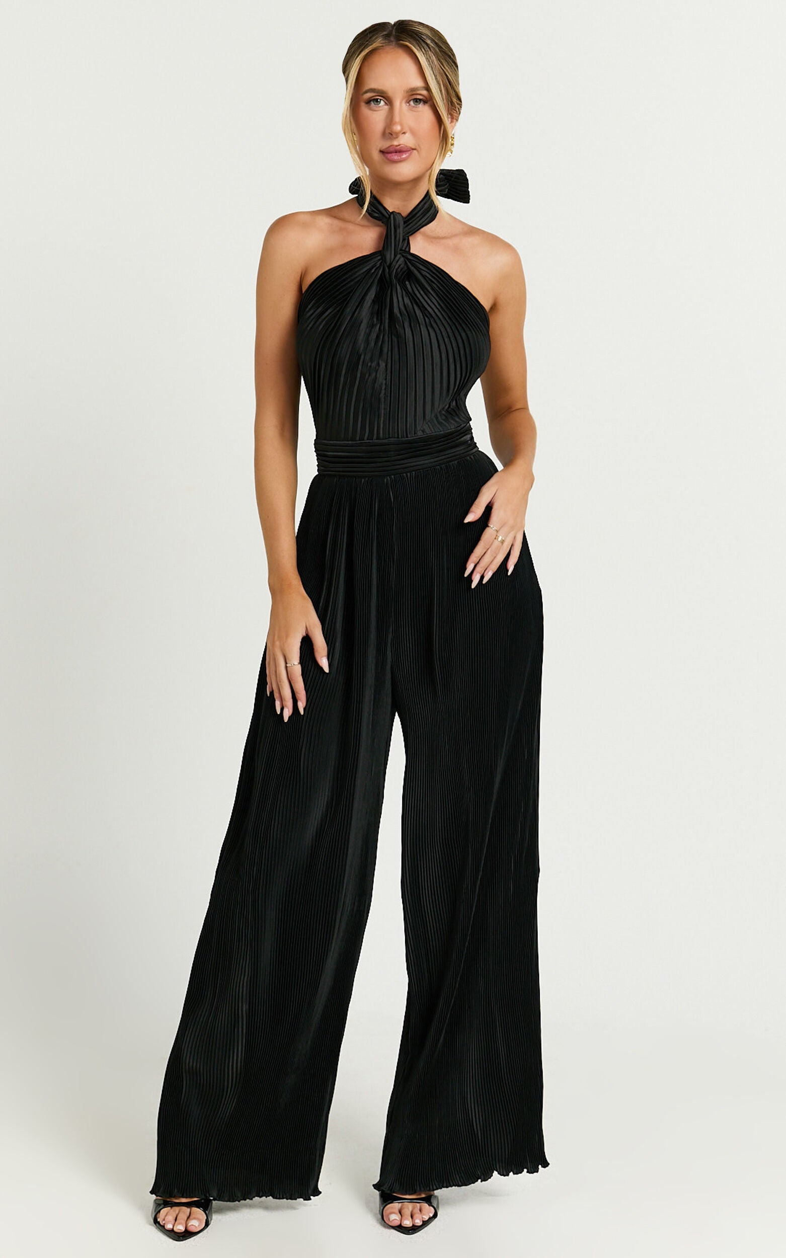 Paris Jumpsuit - Plisse Halter Neck Wide Leg Jumpsuit in Black
