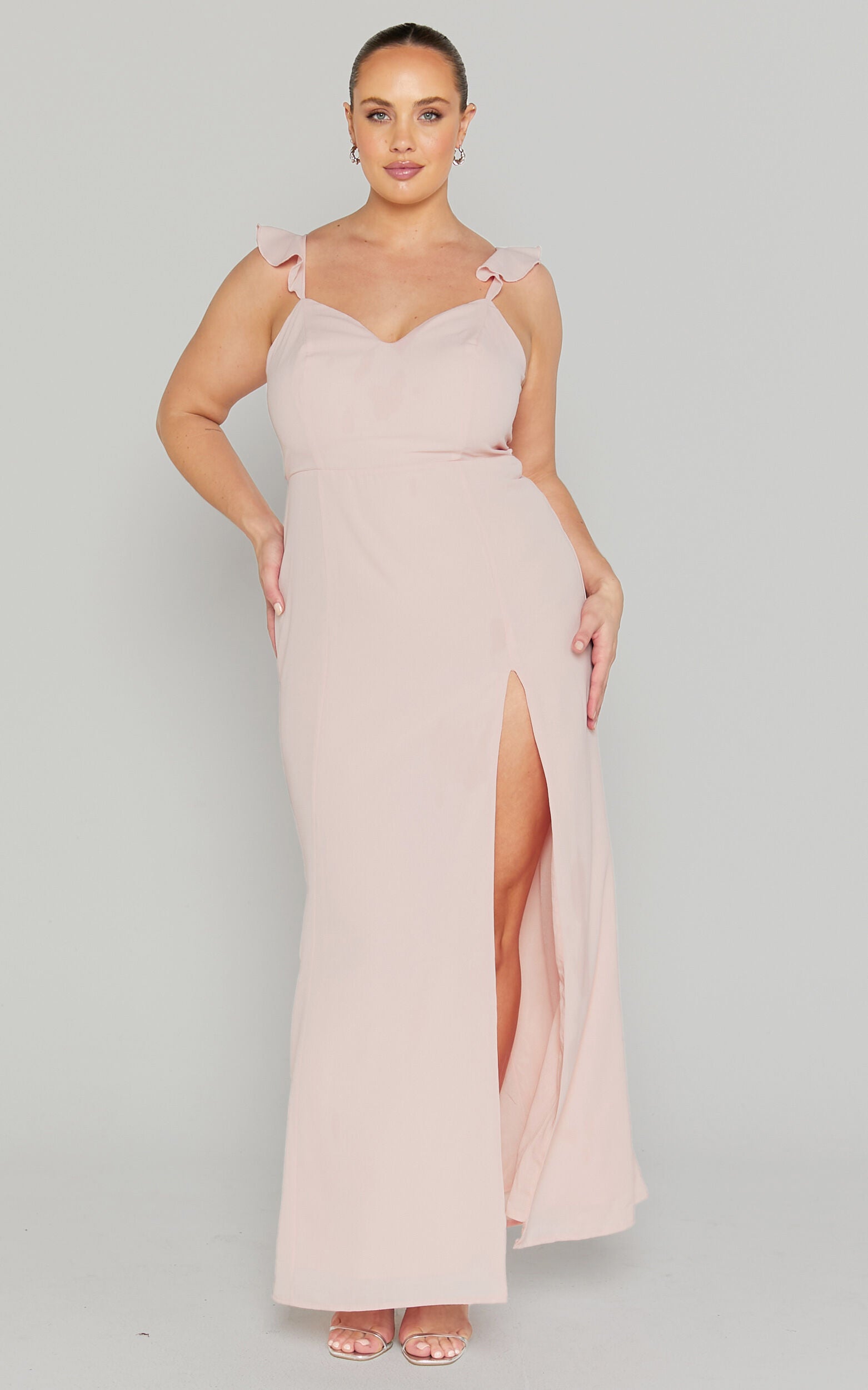 More Than This Maxi Dress - Ruffle Strap Thigh Split Dress in Blush