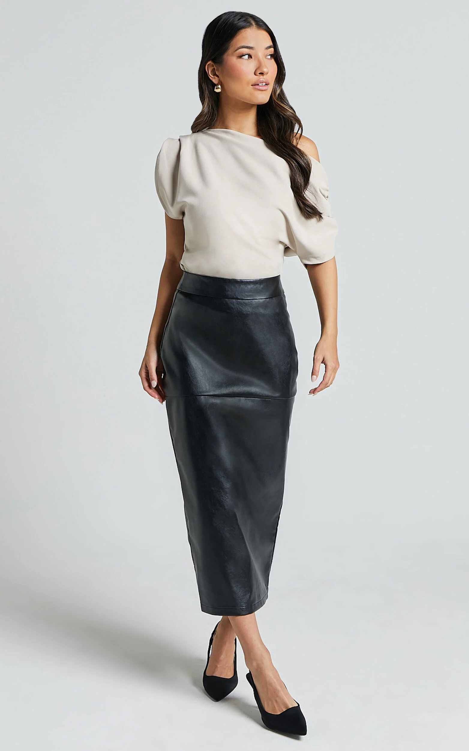 Emma Midi Skirt - High Waisted Faux Leather Skirt in Black