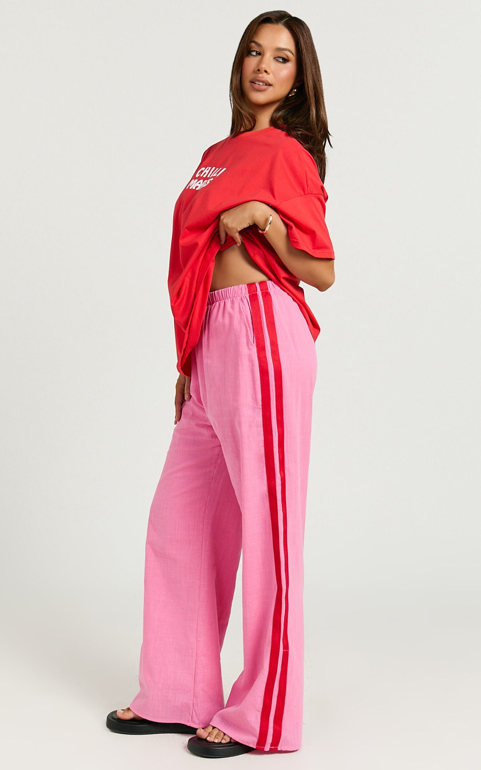 Editha Two Piece Set - Chilli Margs Oversized Tee and Stripe Pant Set in Red/Pink
