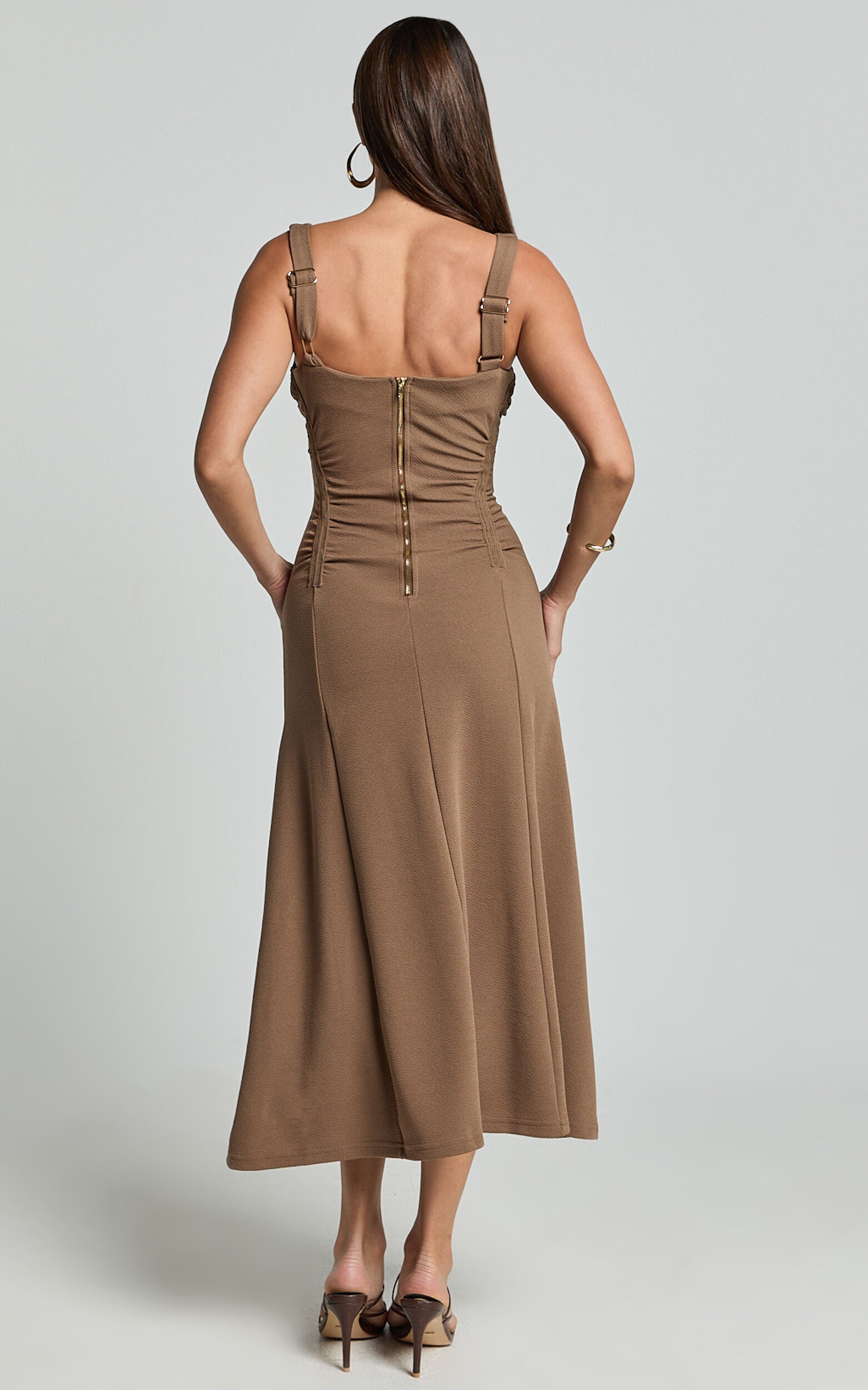 Jacel Midi Dress - Ruched Fit And Flare Dress in Mocha