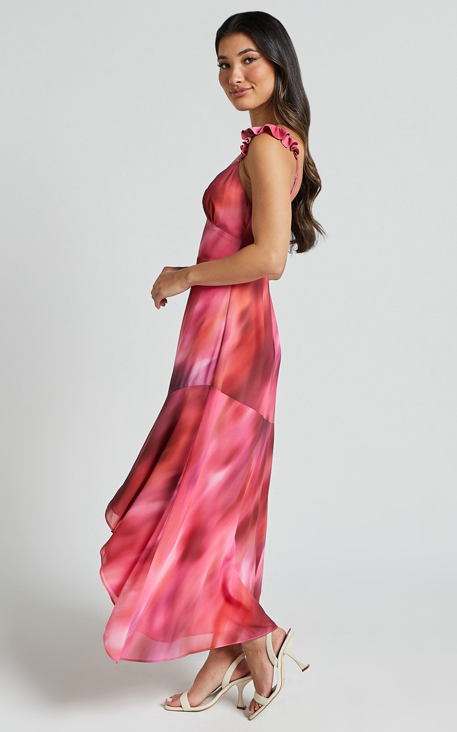 Gillian Midi Dress - Flutter Sleeve Low Back Ruffle Detail Dress in Blushing Haze