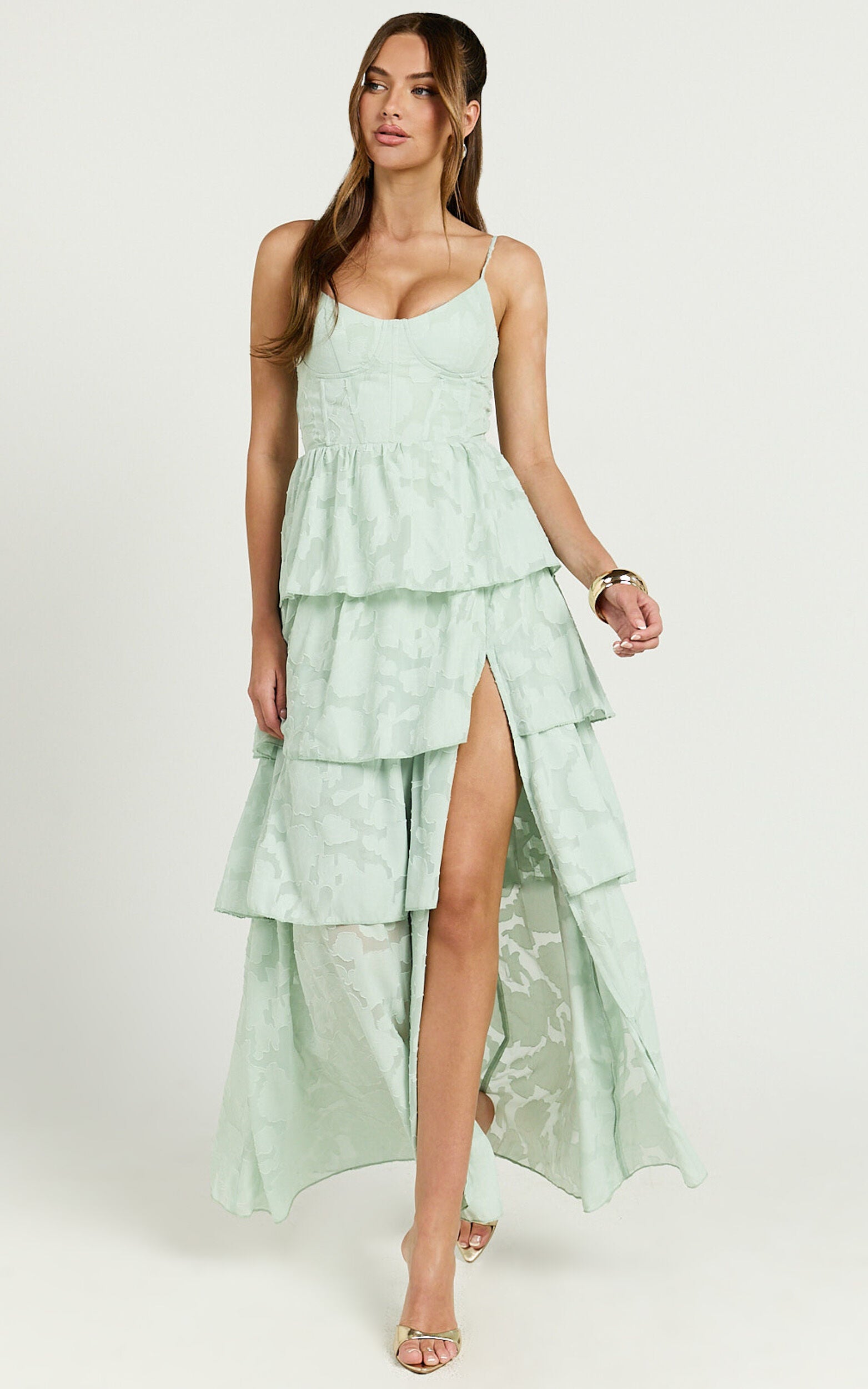 Janezkie Maxi Dress - Femme Tiered Jacquard Formal Dress in Mint