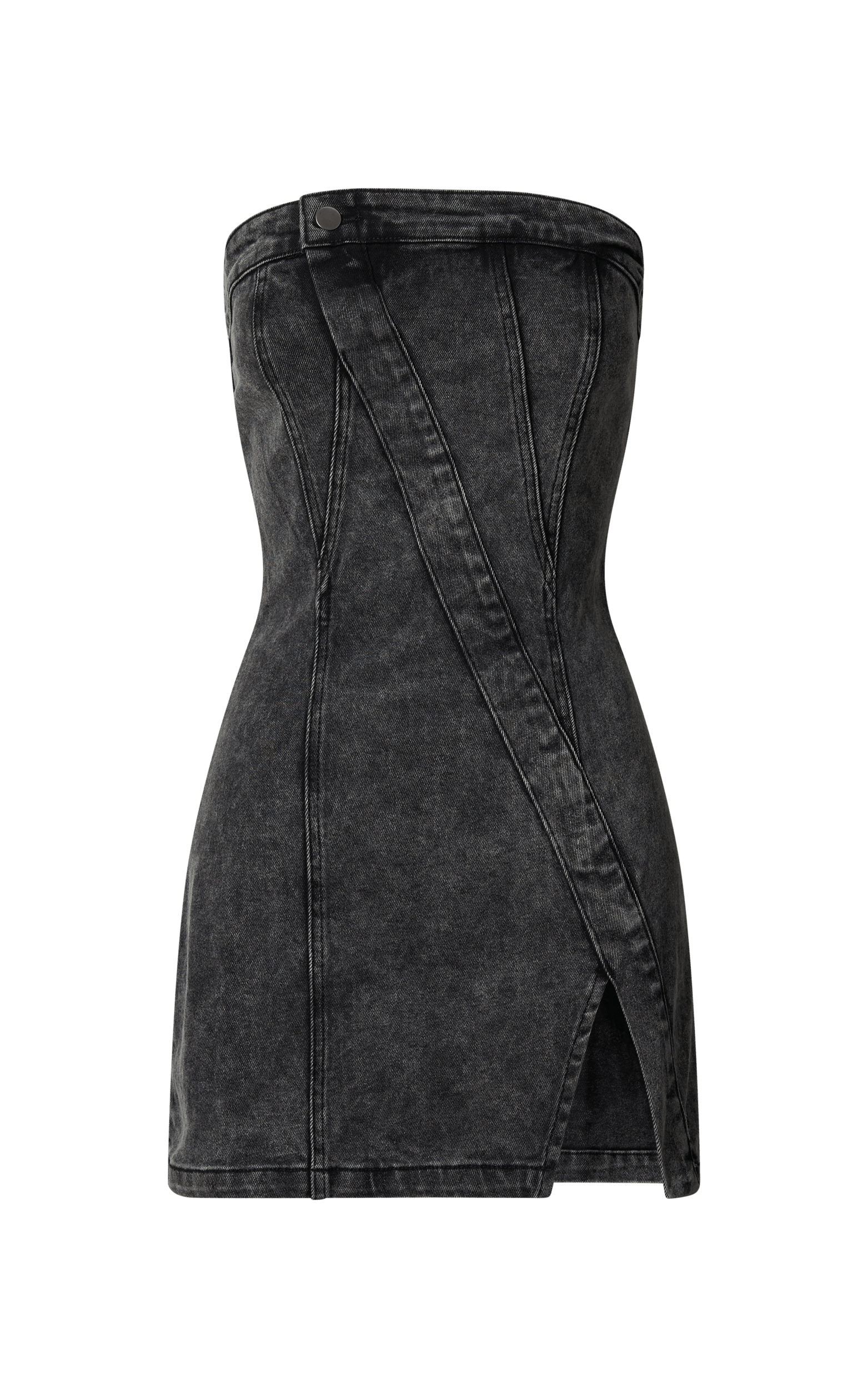 Erline Mini Dress - Asymmetric Strapless Denim Dress in Washed Black