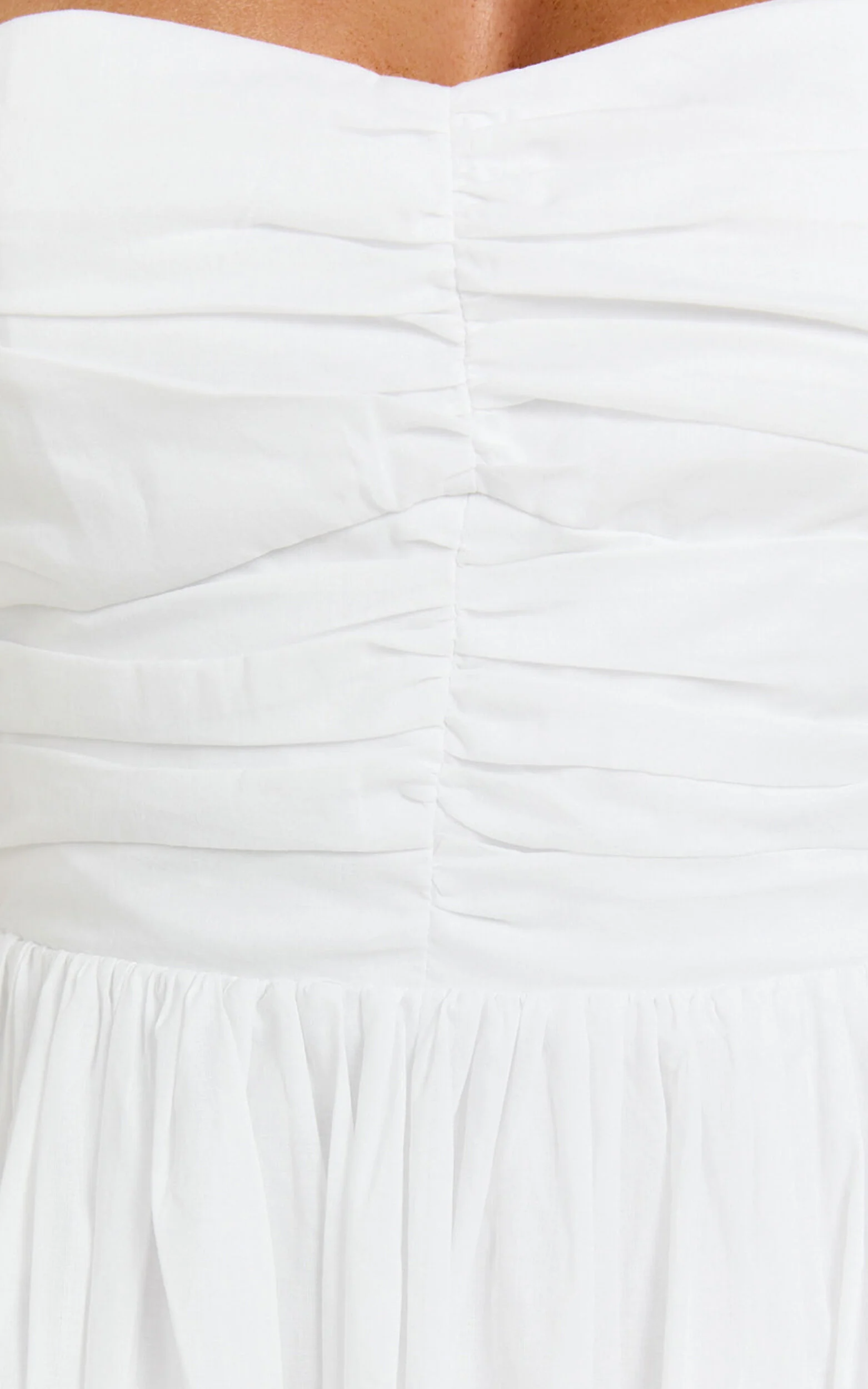 Caroline Midi Dress - Strapped Ruched Bodice Gathered Skirt Dress in White