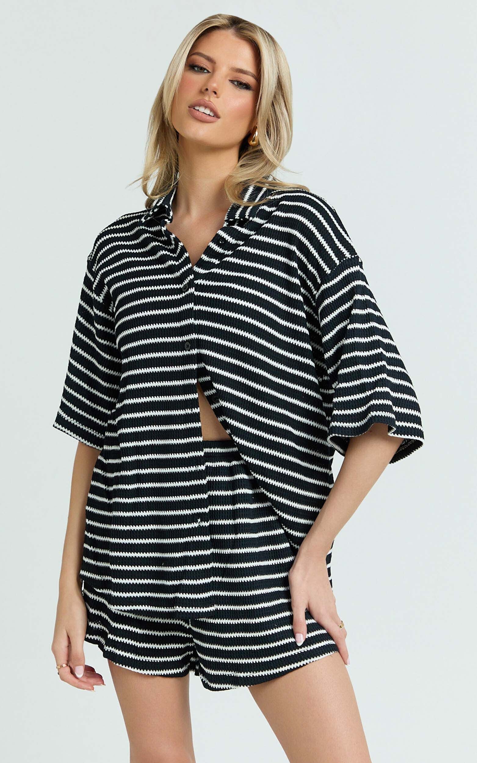 Dylan Two Piece Set - Striped Waffle Shirt and Short Set in Black & White Stripe