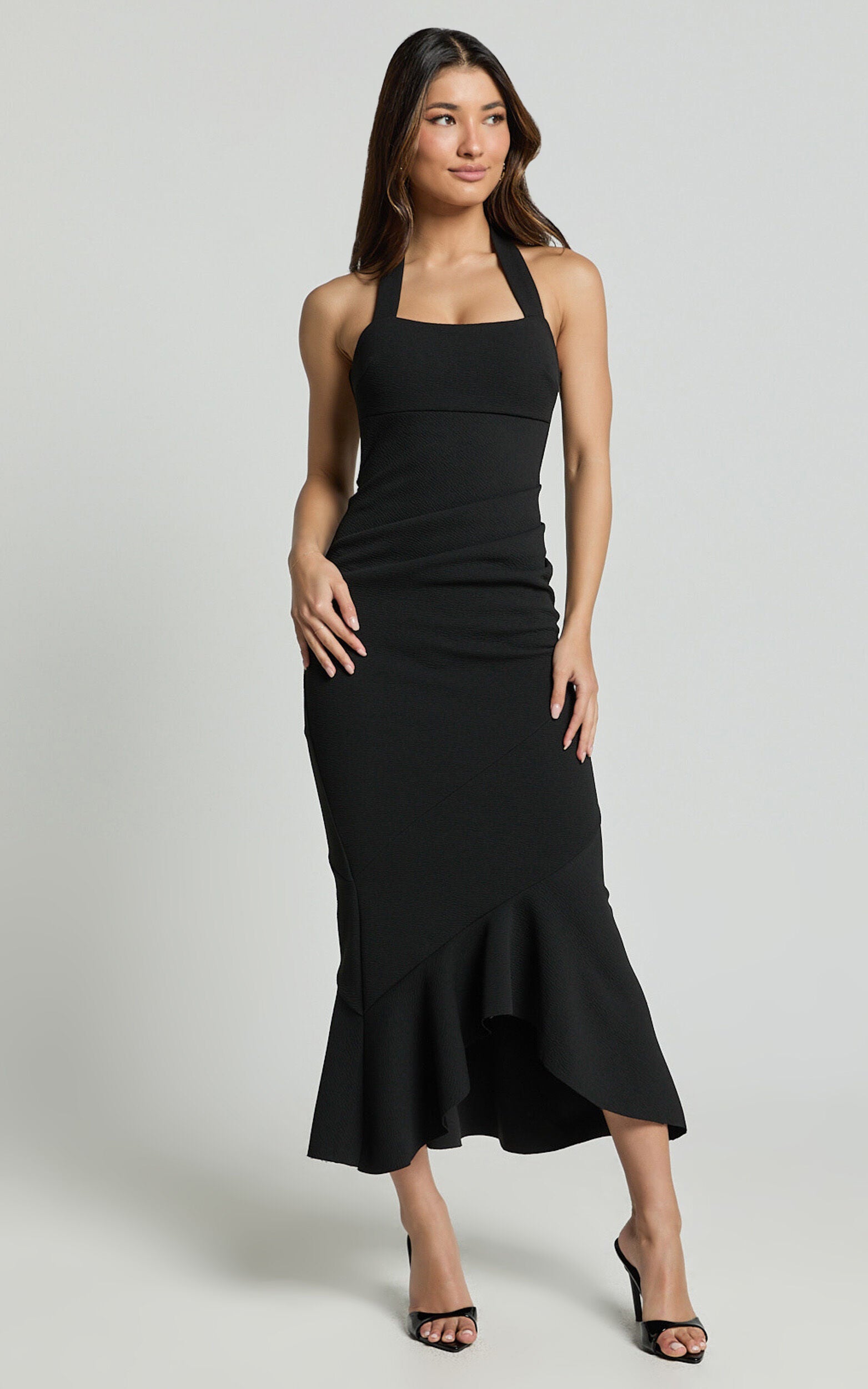 Maris Midi Dress - Full Length Halter Tie Neck Dress in Black