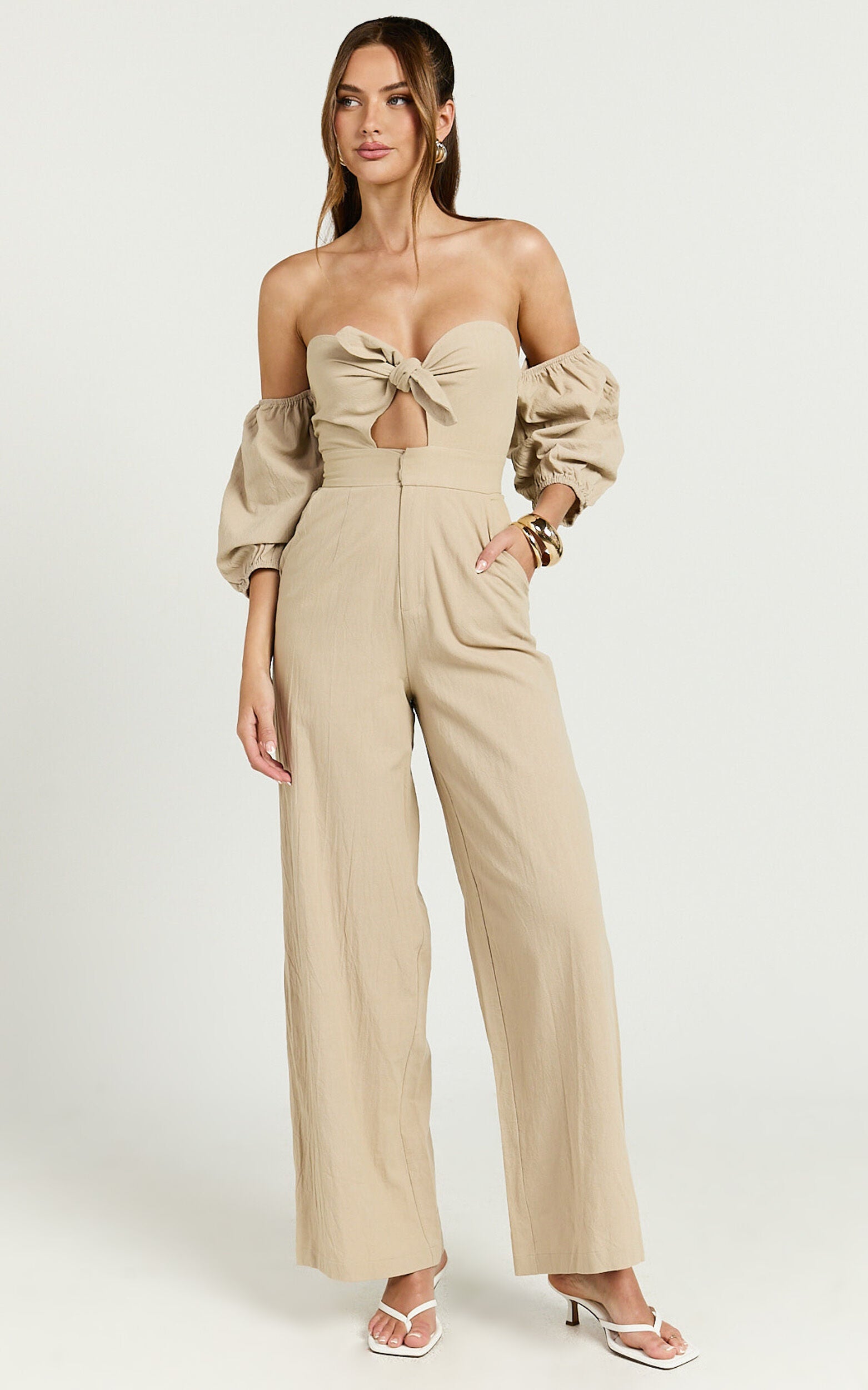 Maja Jumpsuit - Front Tie Off Shoulder Jumpsuit in Sand
