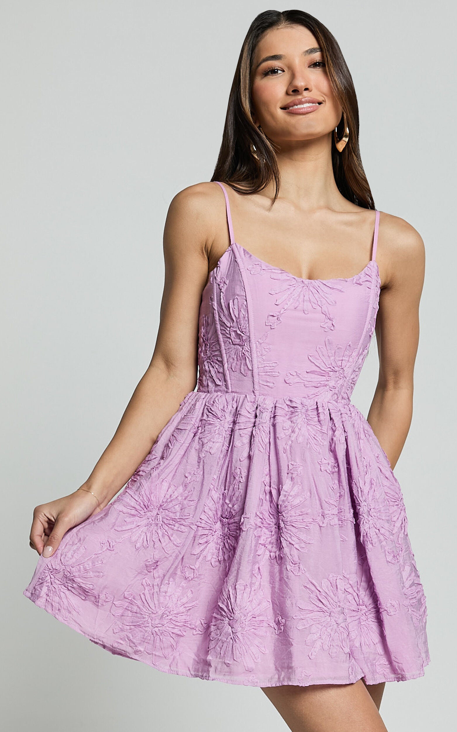 Gail Mini Dress - Scoop Neck Embroidered Corset Dress in Purple