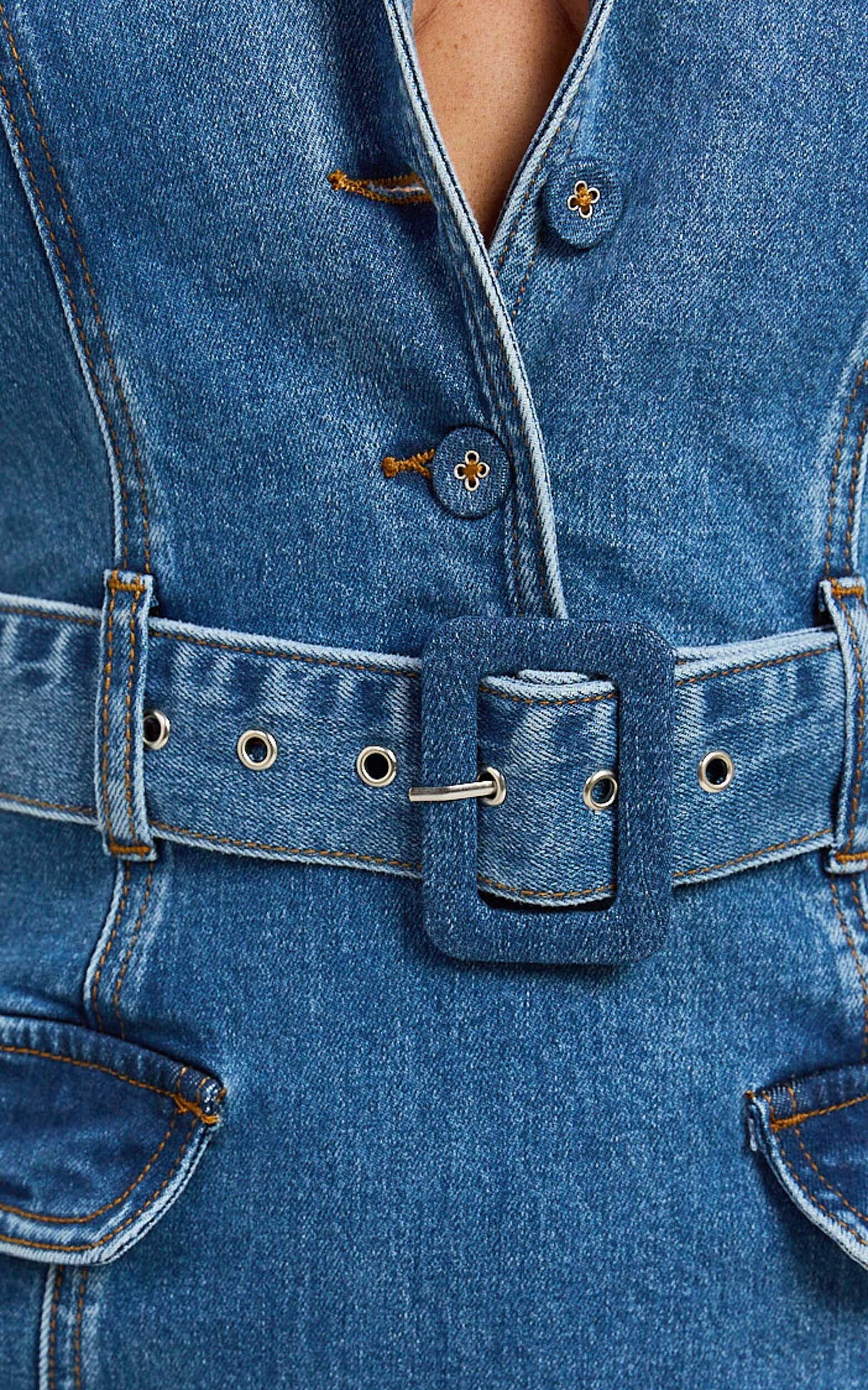 Remi Mini Dress - Halter Belt Denim Dress in Dark Blue Wash