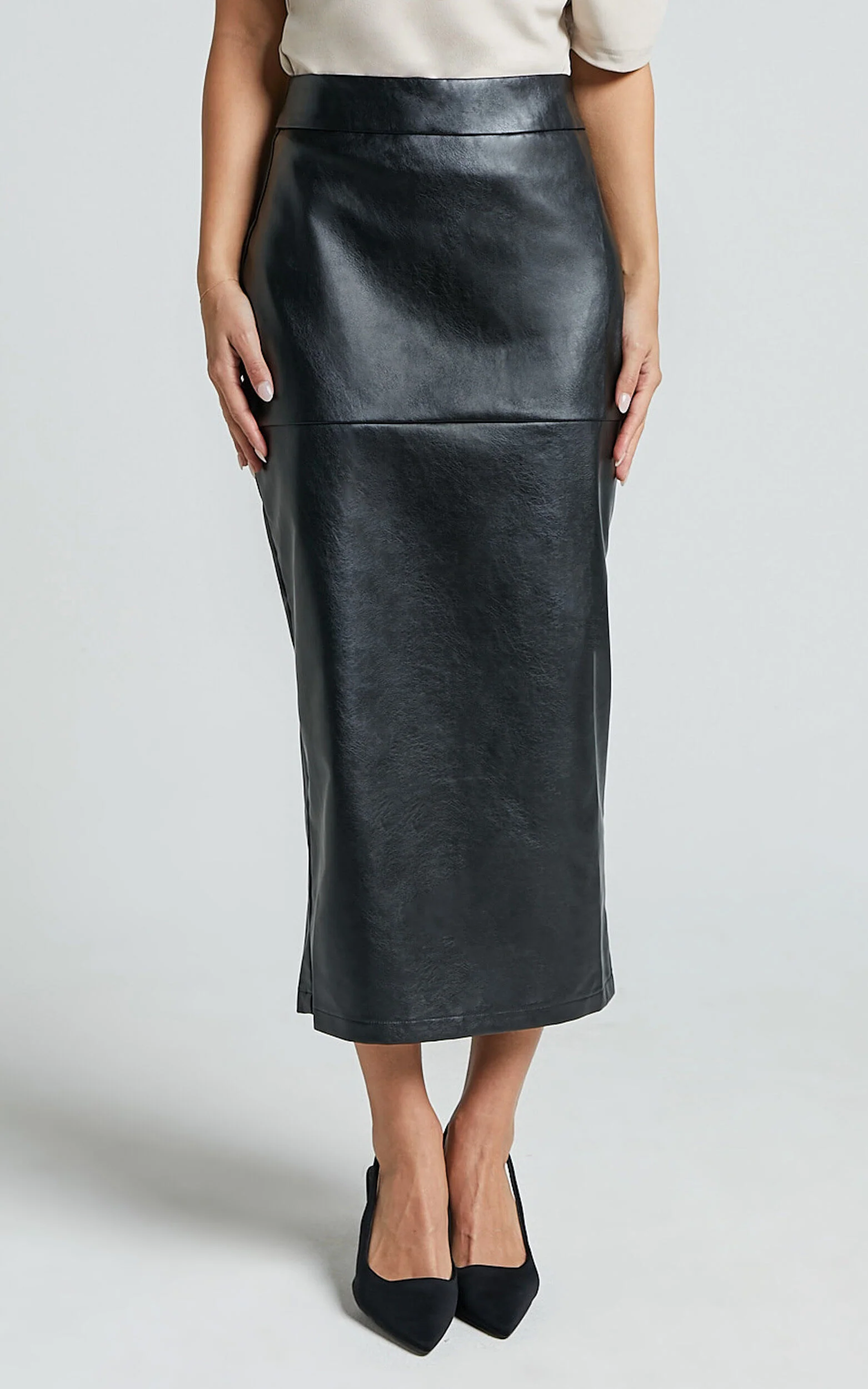 Emma Midi Skirt - High Waisted Faux Leather Skirt in Black