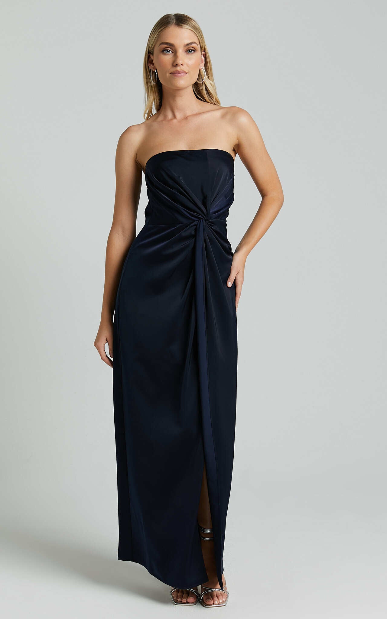 Hathaway Maxi Dress - Strapless Straight Neck Twist Front Split in Navy
