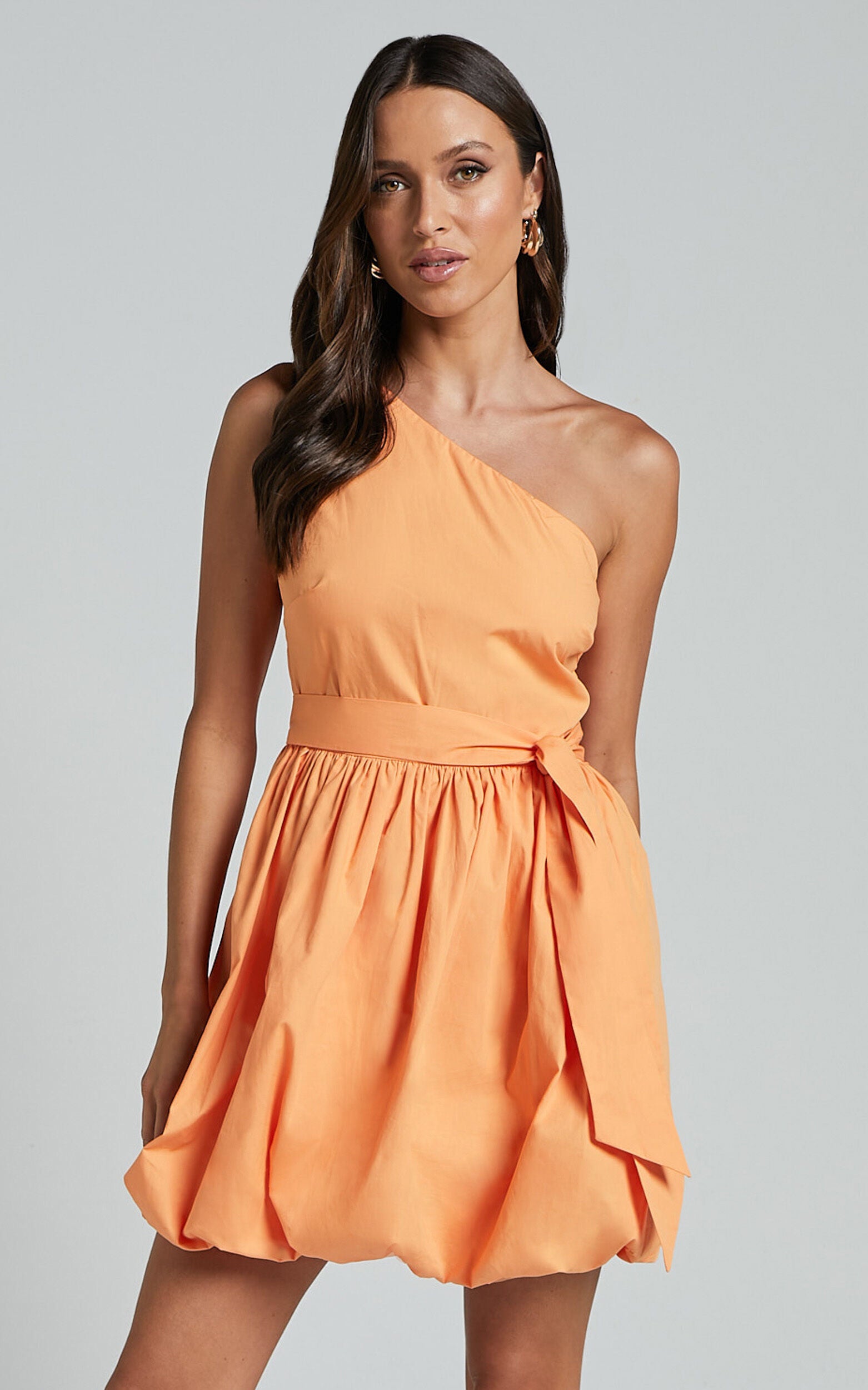 Jovette Mini Dress - One Shoulder Tie Waist Bubble Hem Dress in Apricot