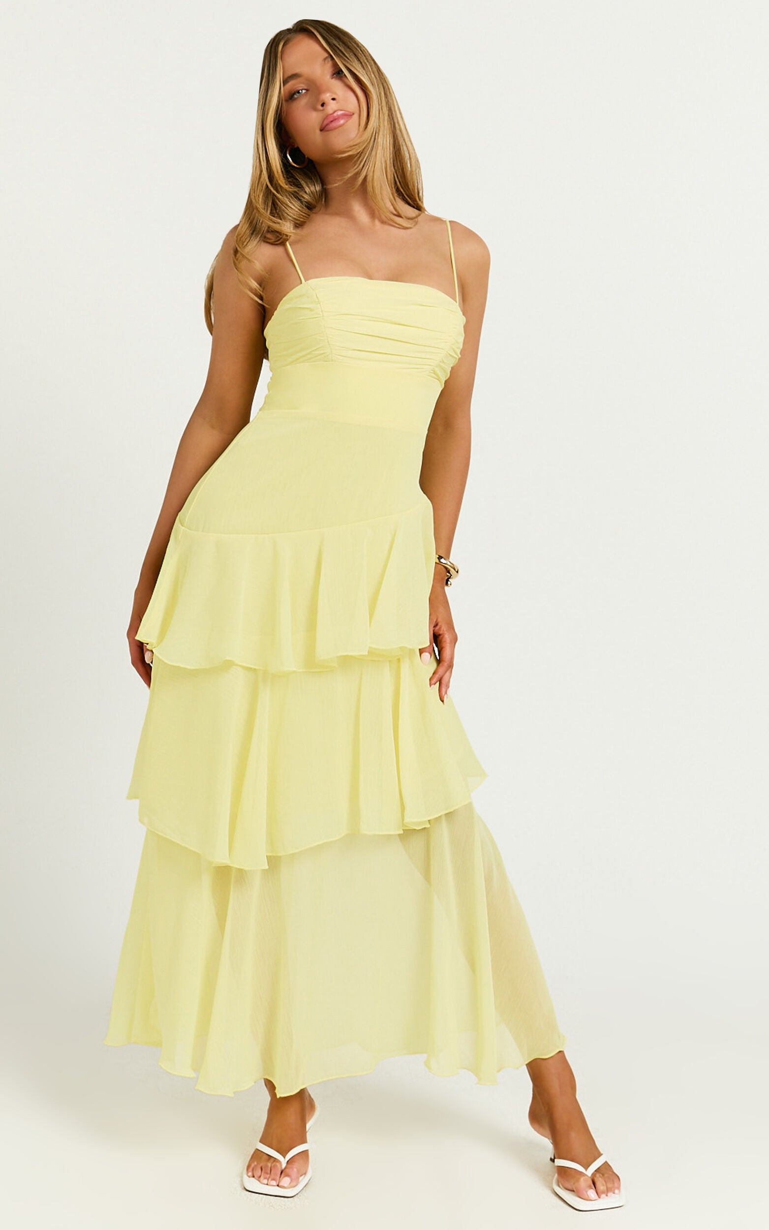 Johanna Midi Dress - Straight Neck Tiered Dress in Lemon