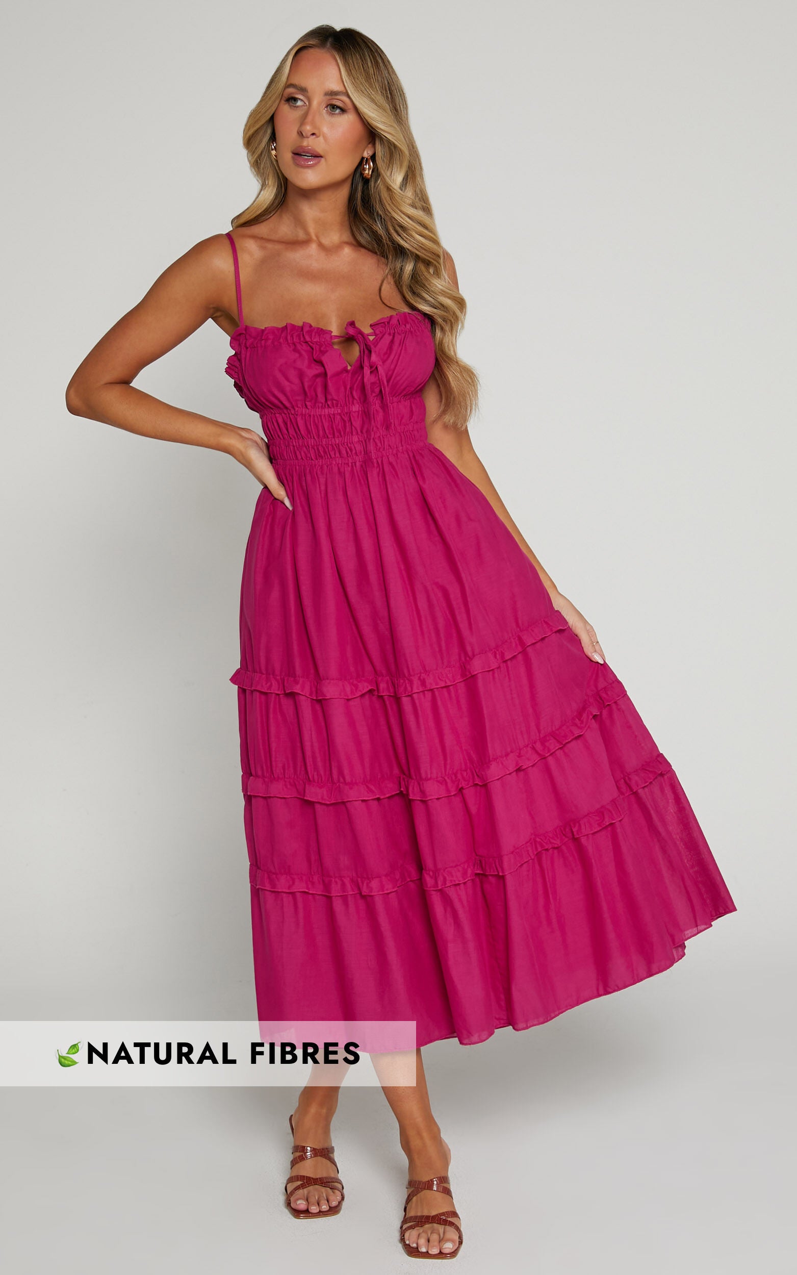 Schiffer Midi Dress - Strappy Ruched Tie Front Tiered Dress in Raspberry