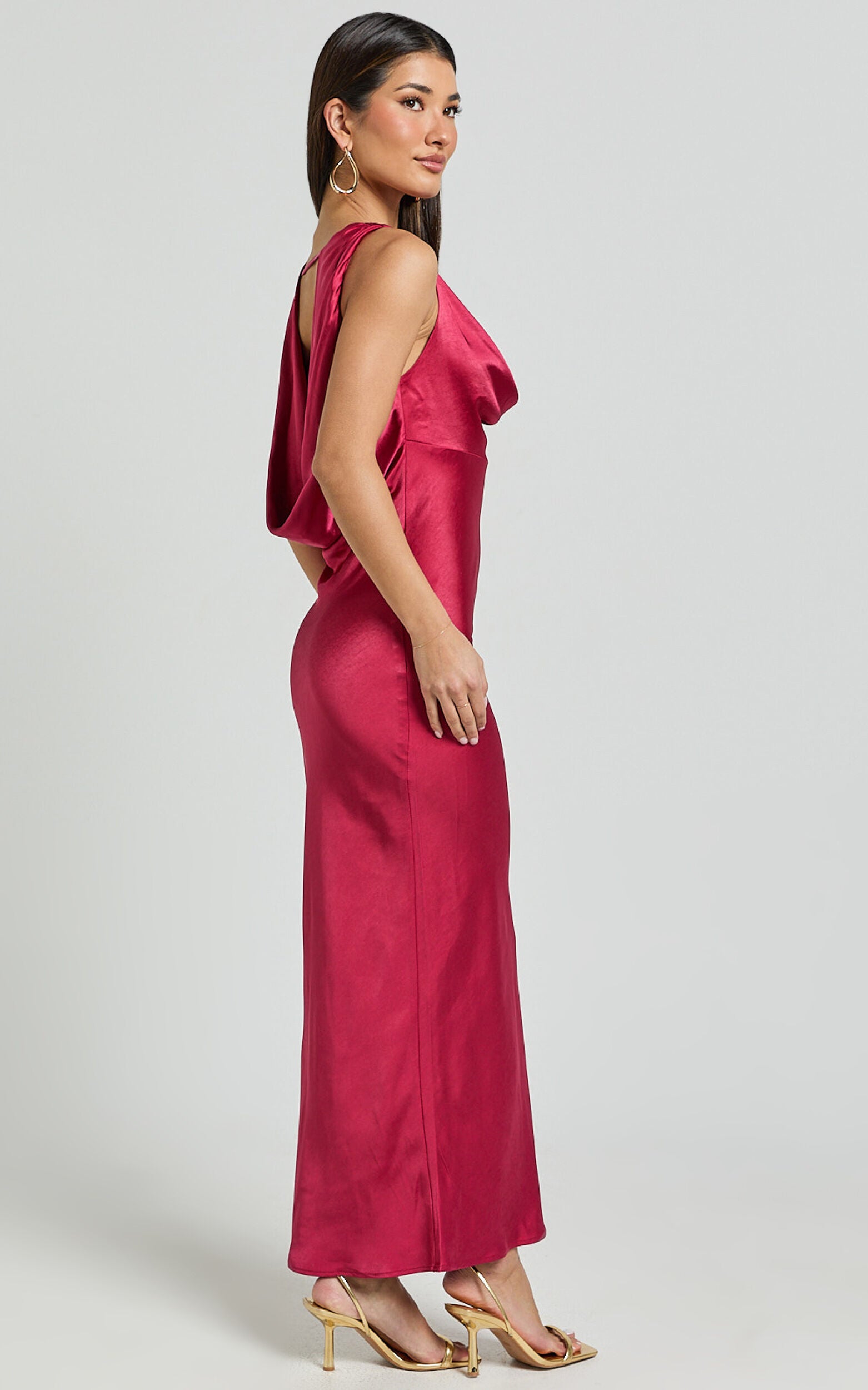 Geri Midi Dress - Cowl Neck Low Back Satin Dress in Berry