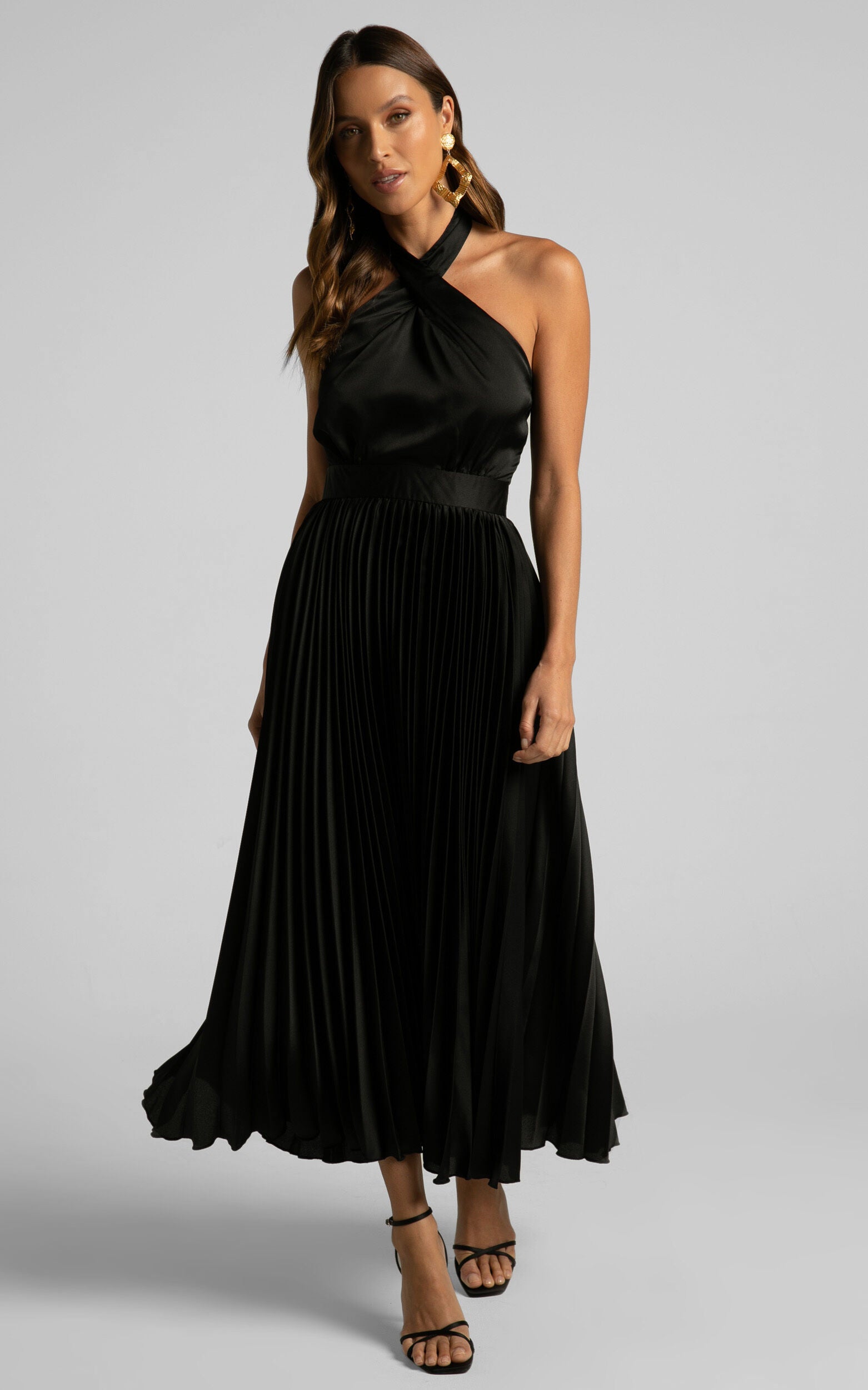 Eloise Midi Dress - Halter Neck Pleated Dress in Black