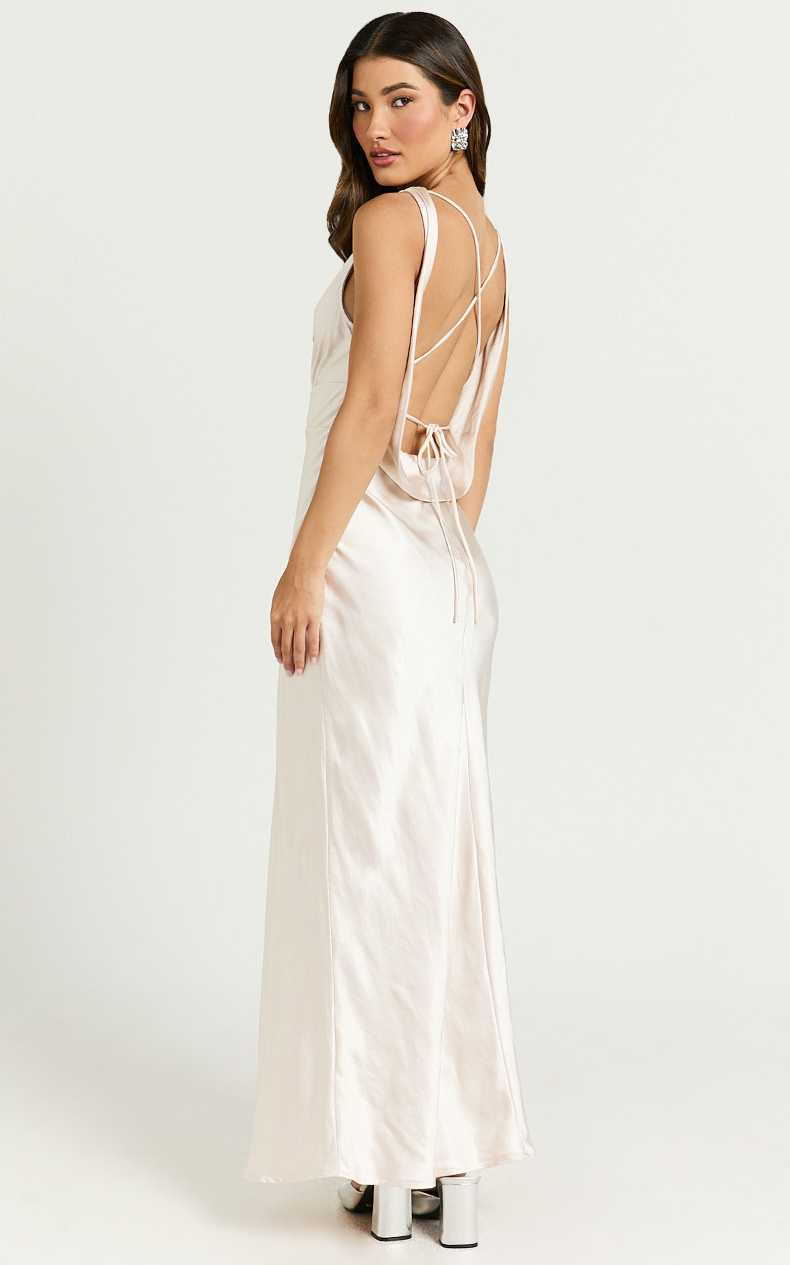 Fheliz Midi Dress - Satin Open Back Dress in Oyster