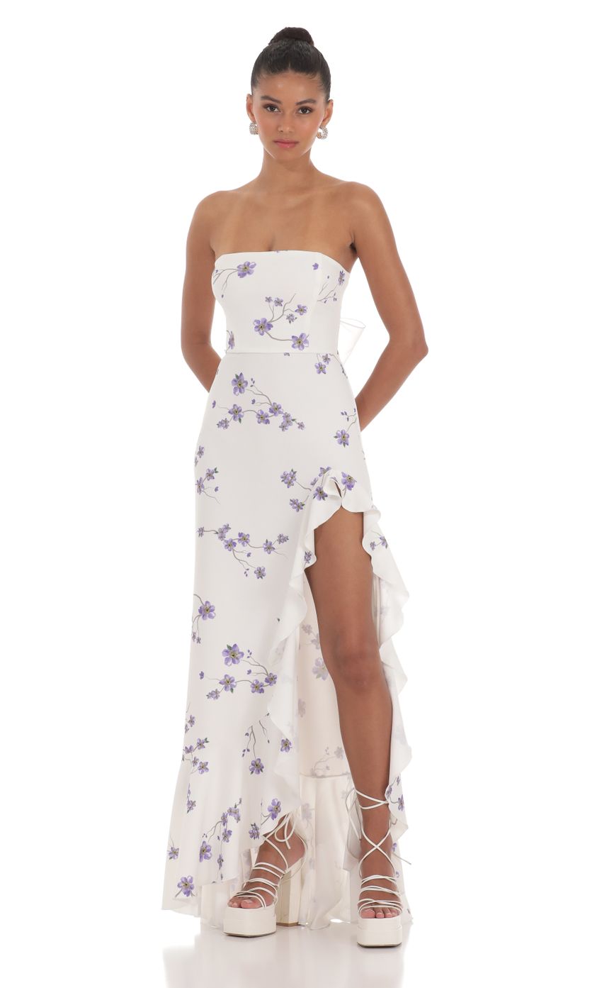 Floral Strapless Back Bow Corset Maxi Dress in White
