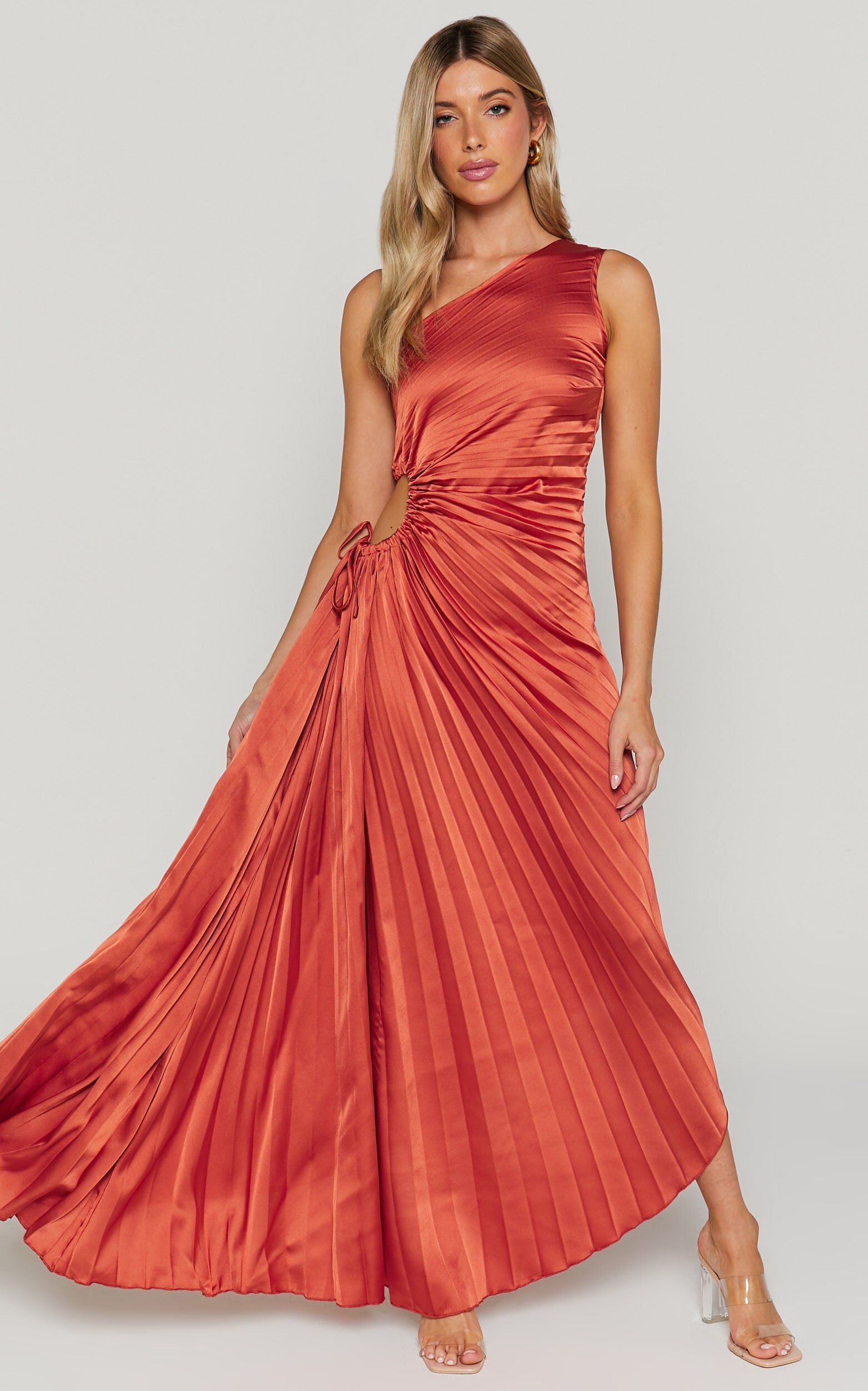 Kitsune Maxi Dress - One Shoulder Cut Out Dress in Copper