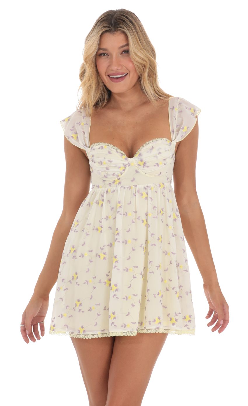 Embroidered Floral Babydoll Dress in Yellow