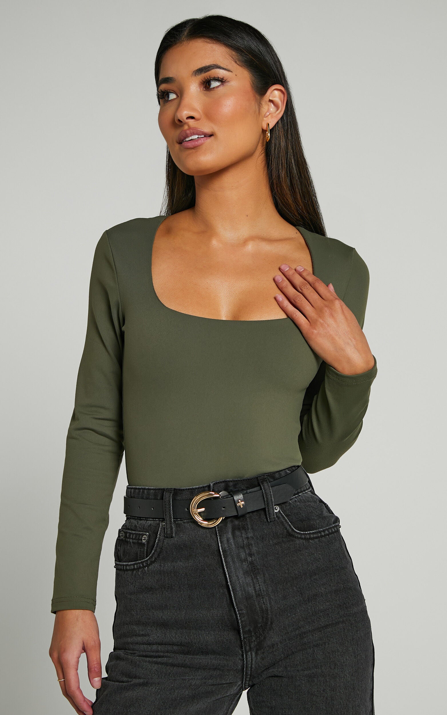 Elia Bodysuit - Square Neck Long Sleeve Bodysuit in Olive