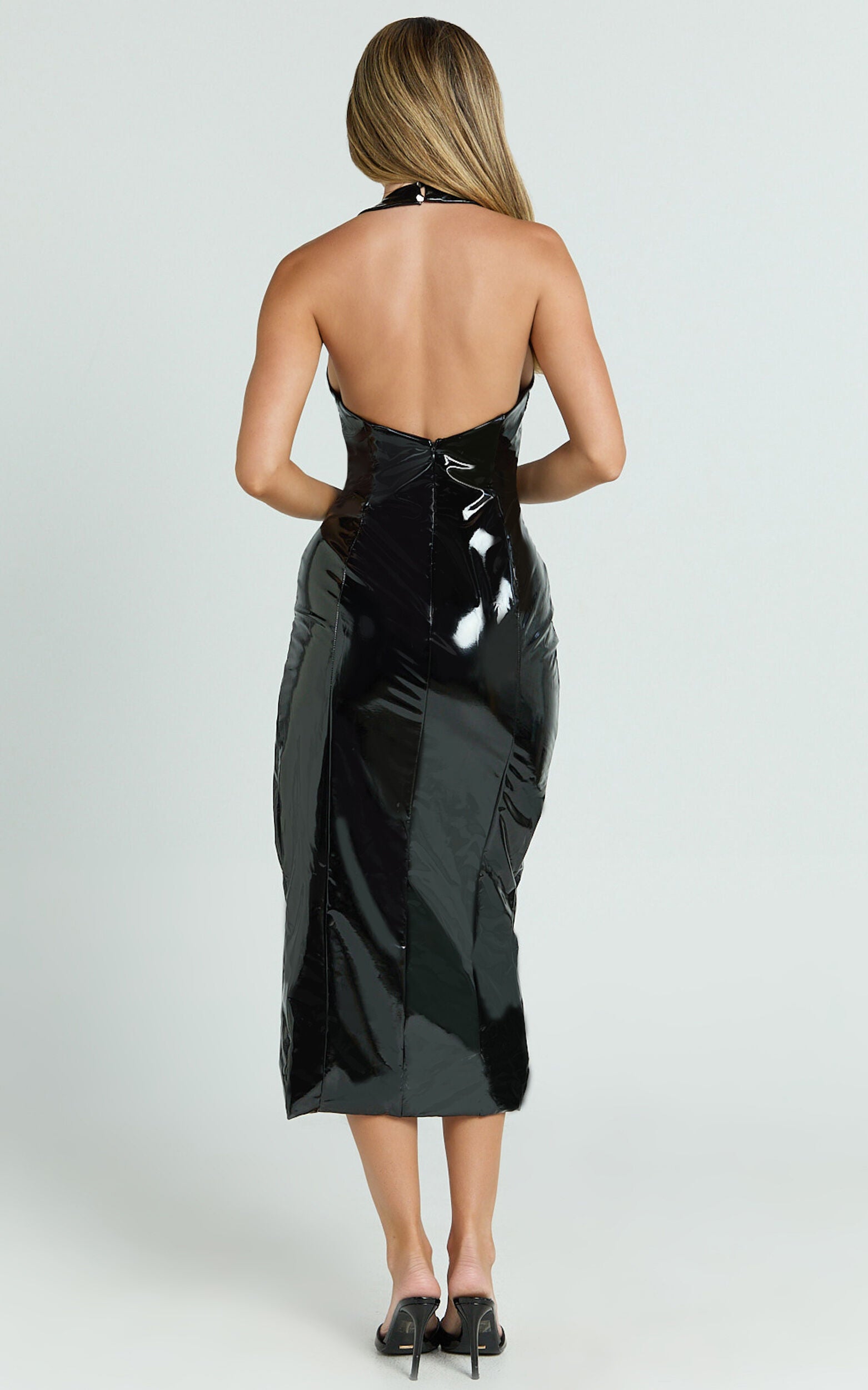 Carey Midi Dress - PU Plunge Halter Low Back High Split Dress in Black