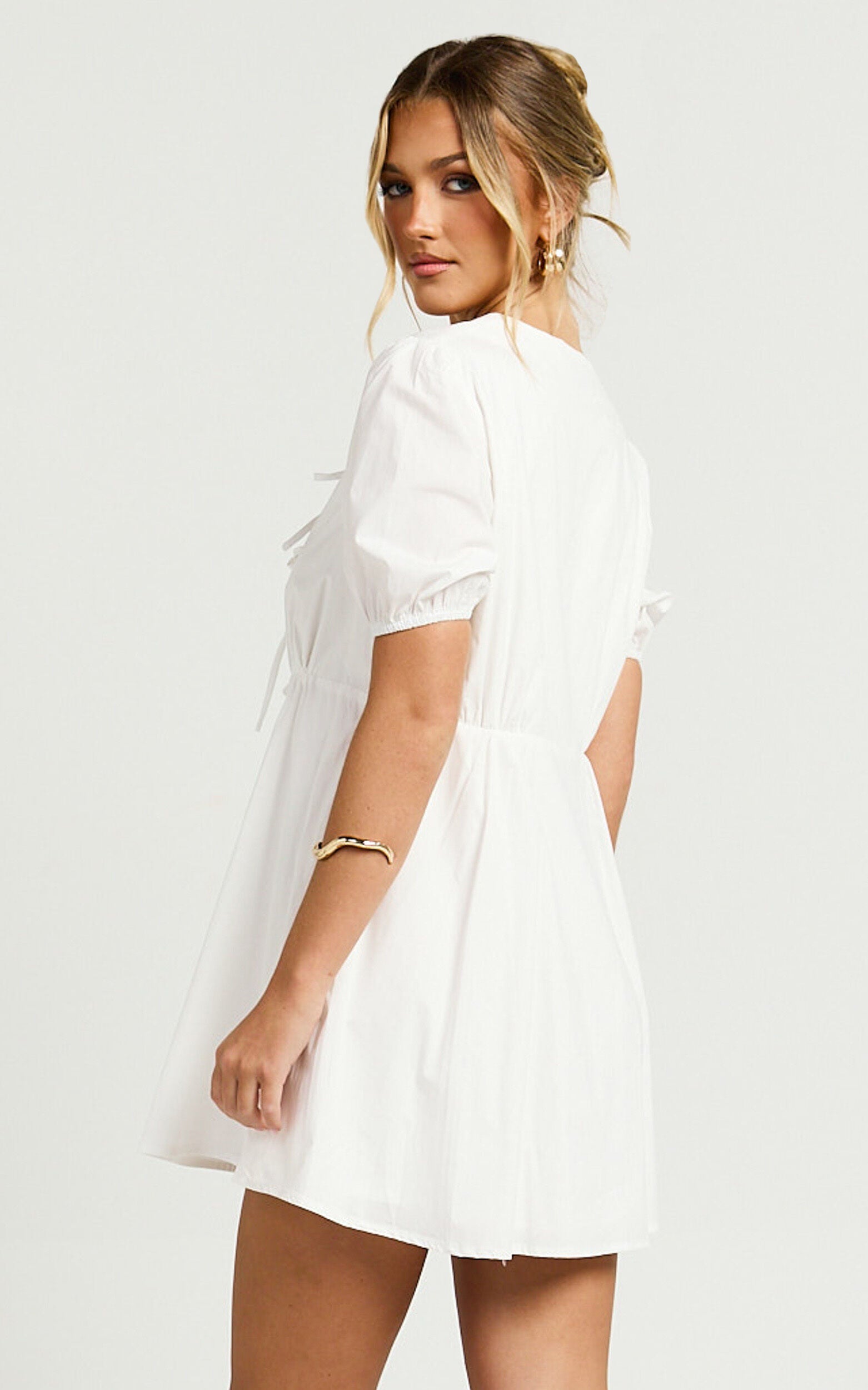 Hattie Mini Dress - Tie Front Puff Sleeve Dress in White
