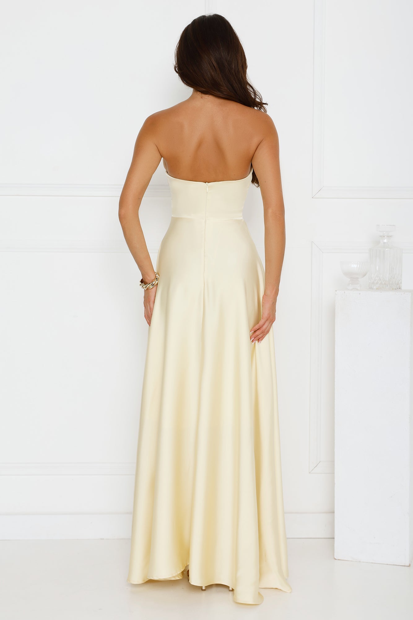 Unspoken Wishes Strapless Satin Maxi Dress Yellow