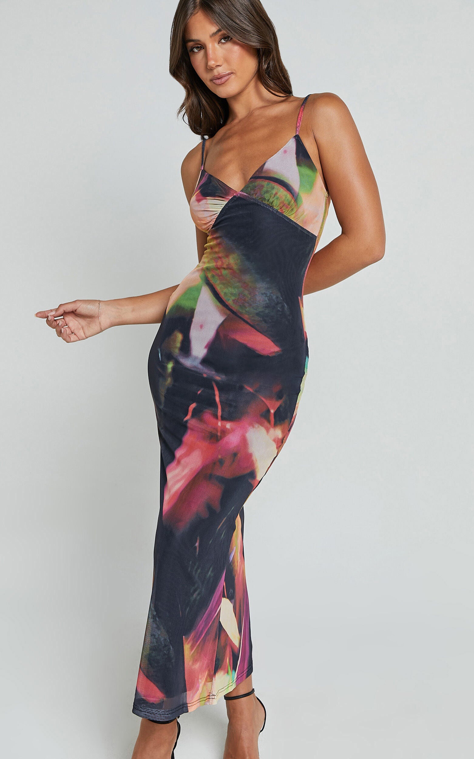 Rashida Midi Dress - V Neck Mesh Printed Dress in Floral Blur