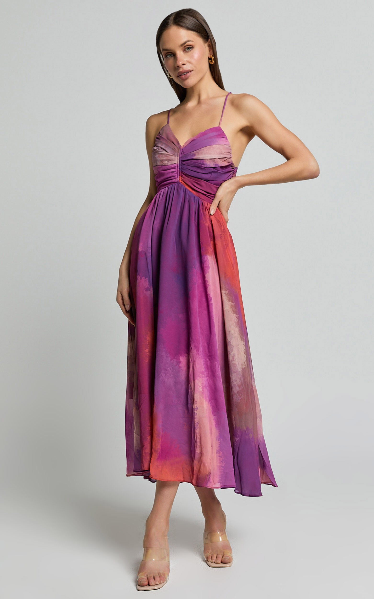 Josephine Midi Dress - Recycled Polyester Strappy Cross Tie Back Dress in Coral Mirage Print