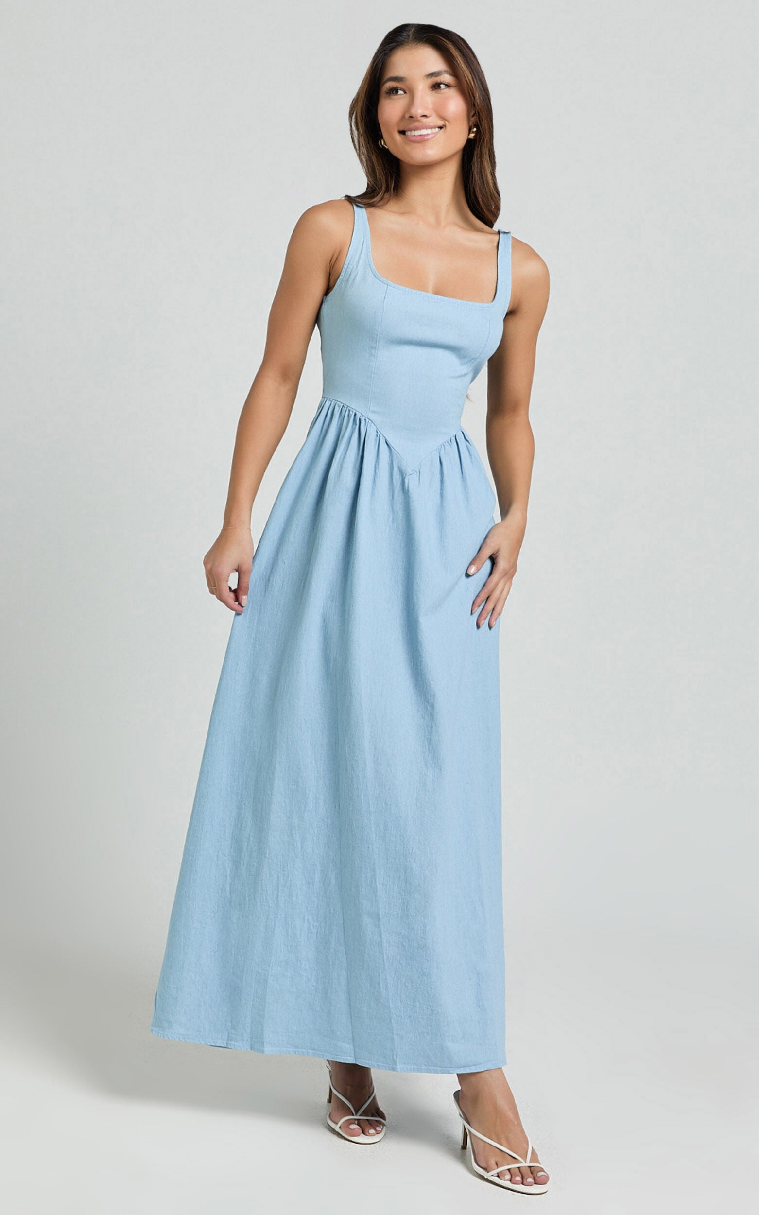 Rhaziya Midi Dress - Sleeveless Straight Neck Fit and Flare Dress in Blue