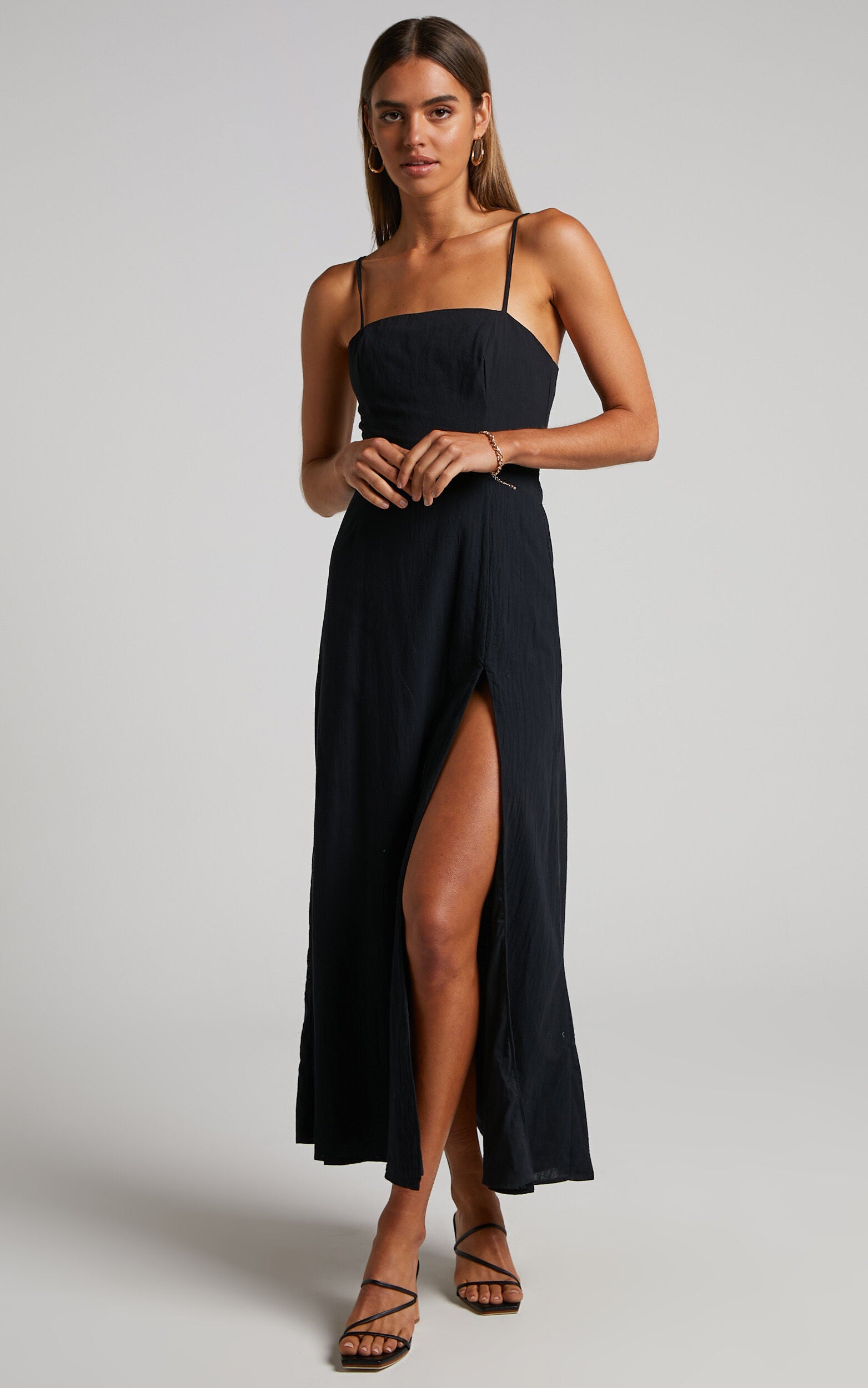 Marsha Midi Linen Dress - High Split Slip Dress in Black
