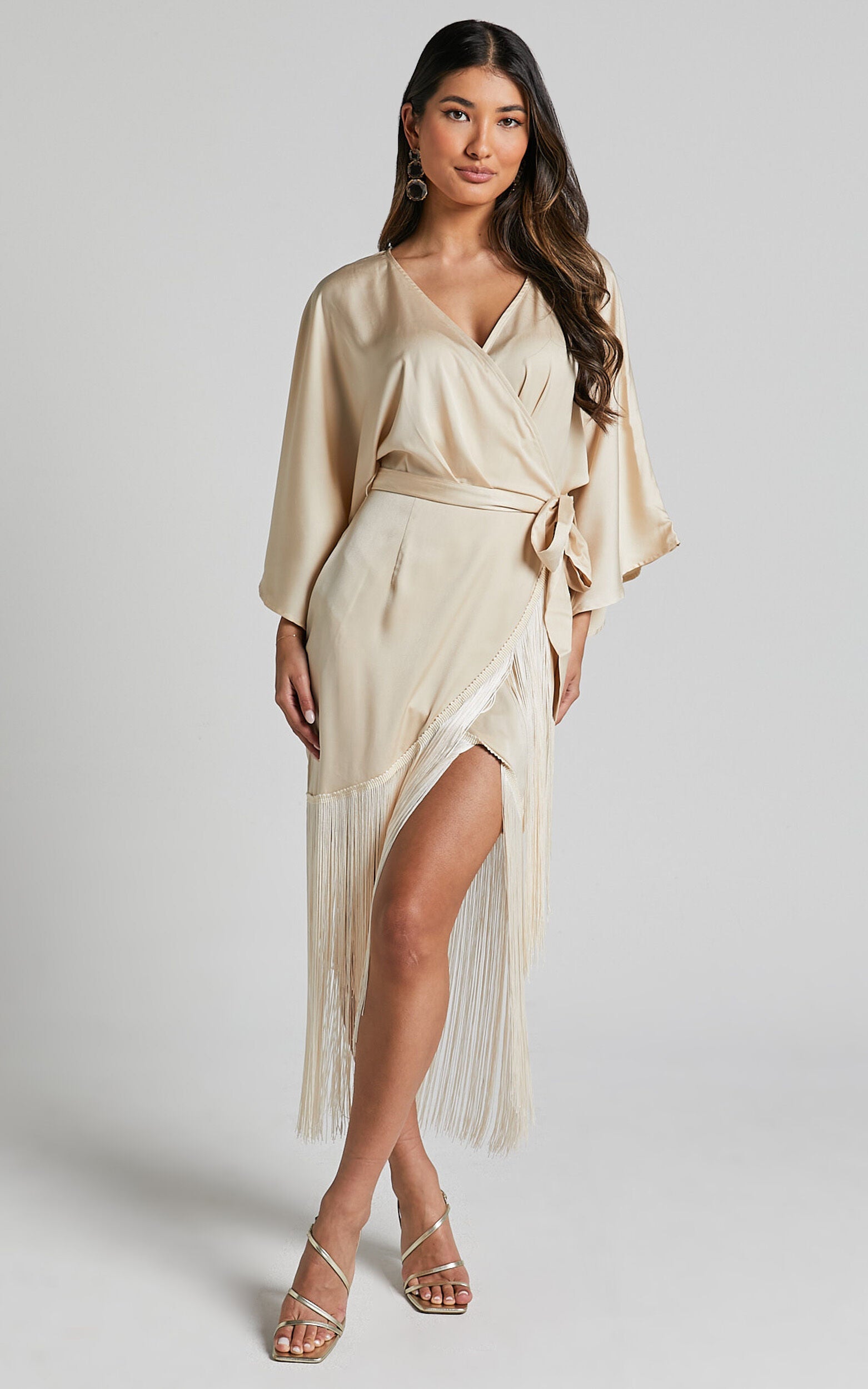 Harlen Midi Dress - V Neck 3/4 Sleeve Asymmetric Fringe Hem Wrap Dress in Champagne