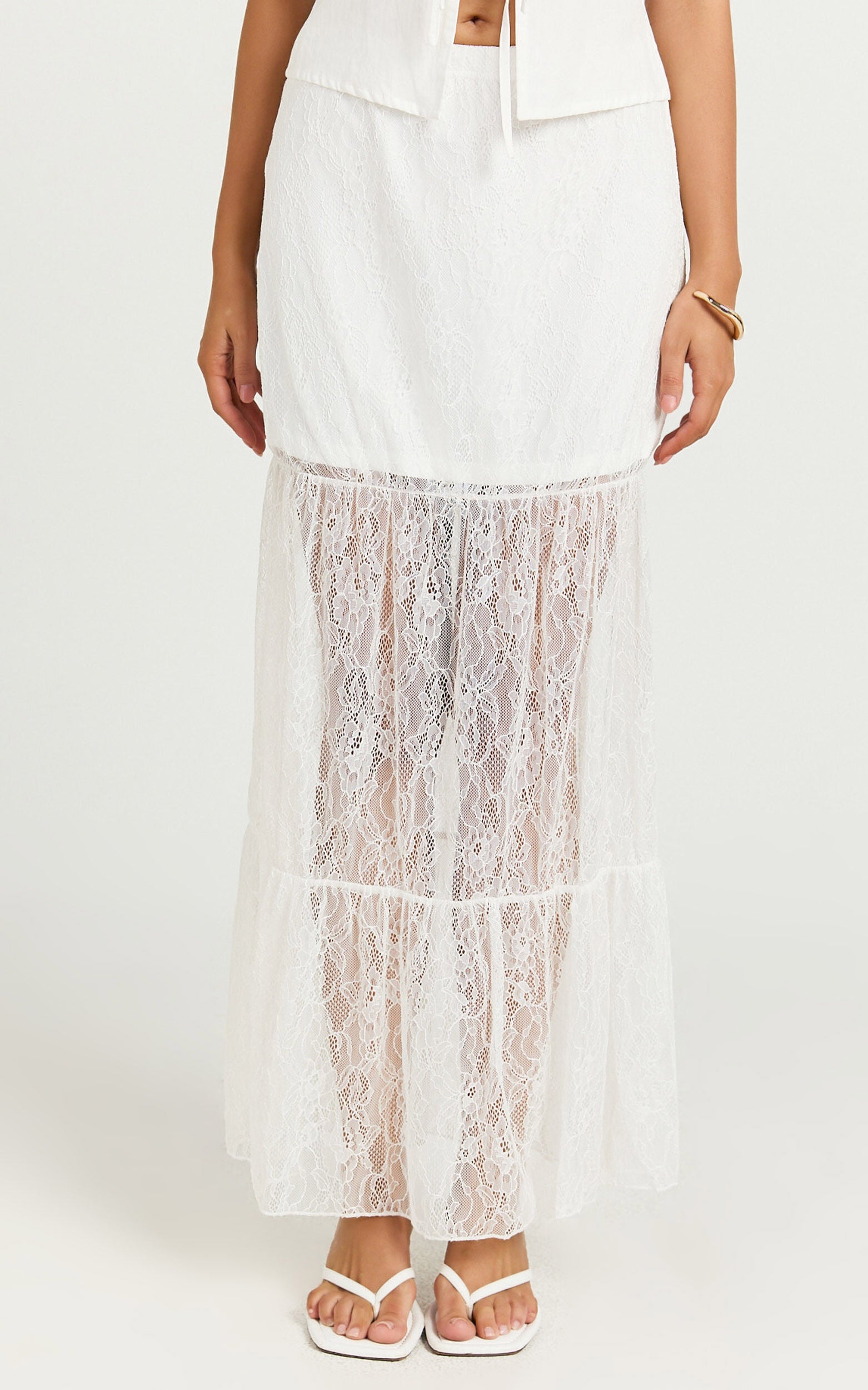 Emilia Maxi Skirt - Lace Gathered Panel Maxi Skirt in White