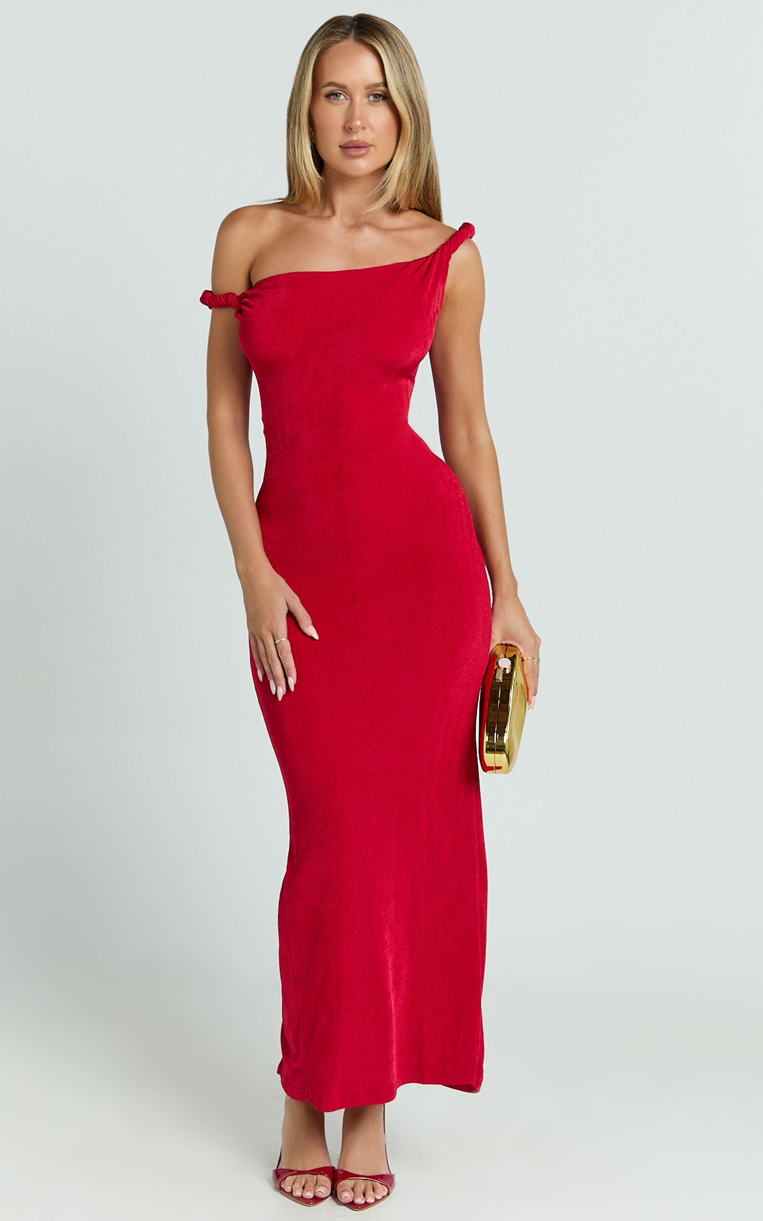 Isabel Midi Dress - Twist Off Shoulder Bodycon Dress in Red