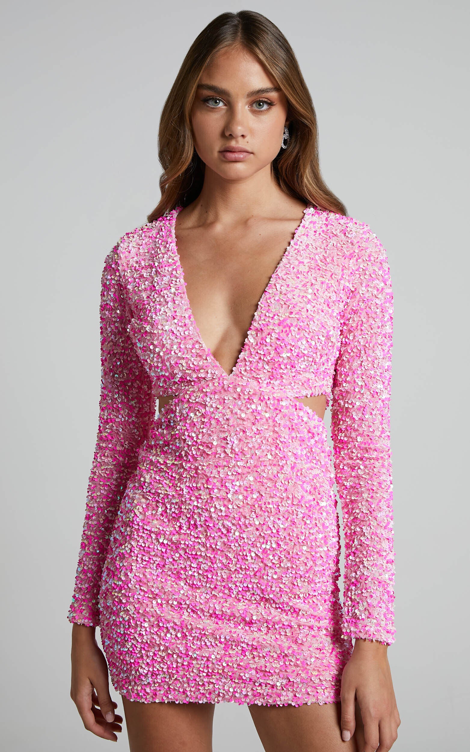 Gabriella Mini Dress - Plunge Long Sleeve Cut Out Sequin Dress in Pink Sequin